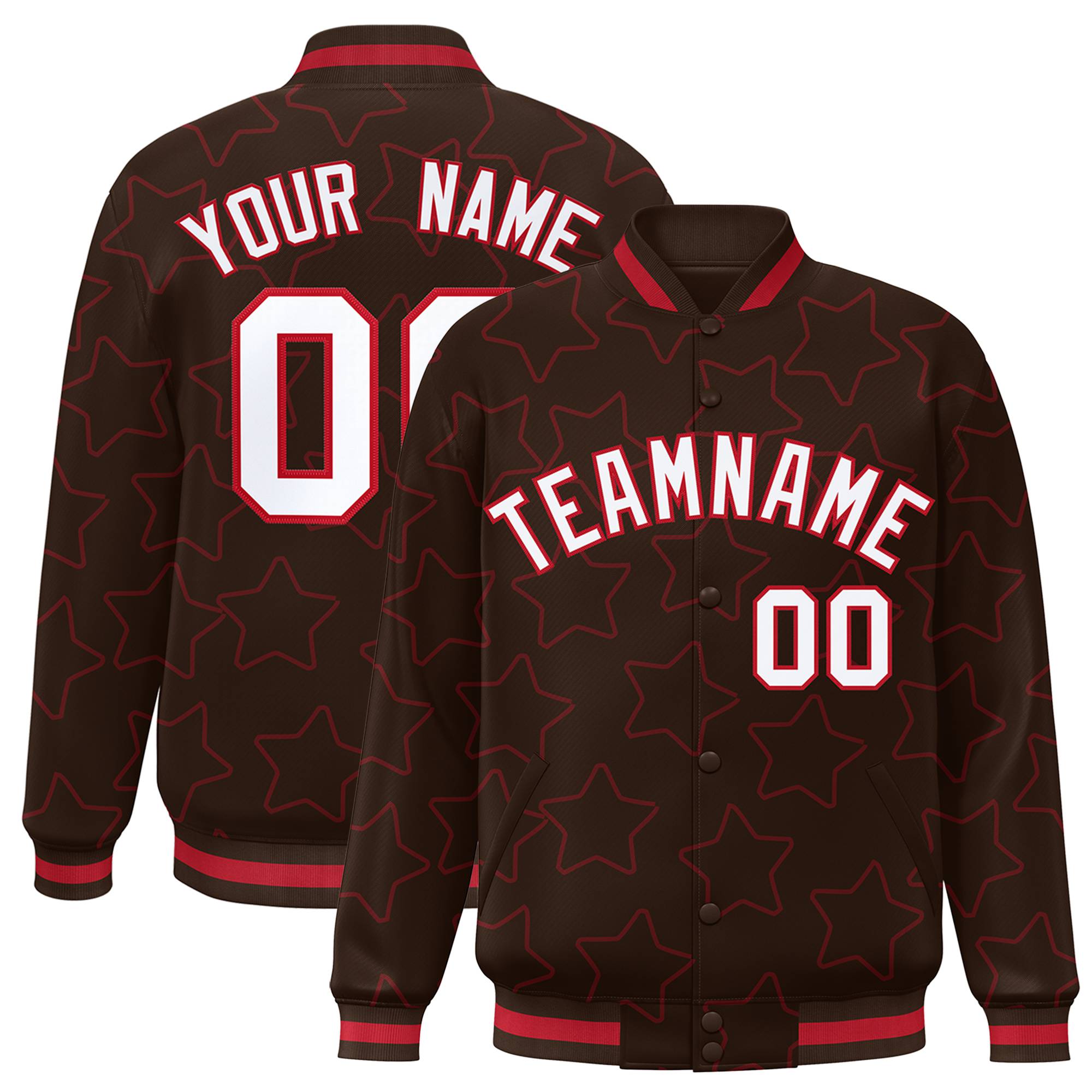 Custom Brown White-Red Varsity Full-Snap Star Pattern Letterman Baseball Jacket