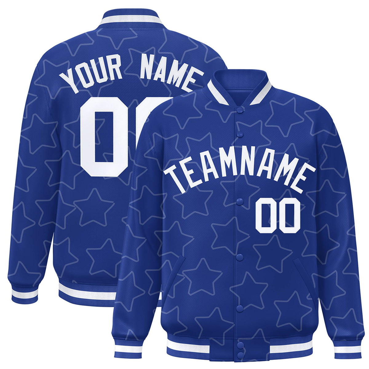 Custom Royal Blue White Varsity Full-Snap Star Pattern Letterman Baseball Jacket