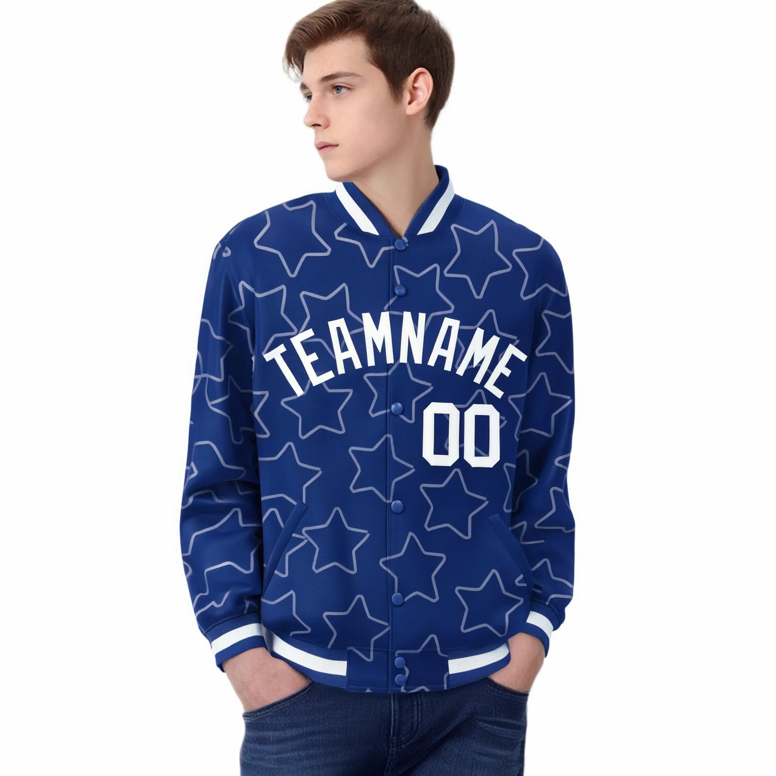 Custom Royal Blue White Varsity Full-Snap Star Pattern Letterman Baseball Jacket