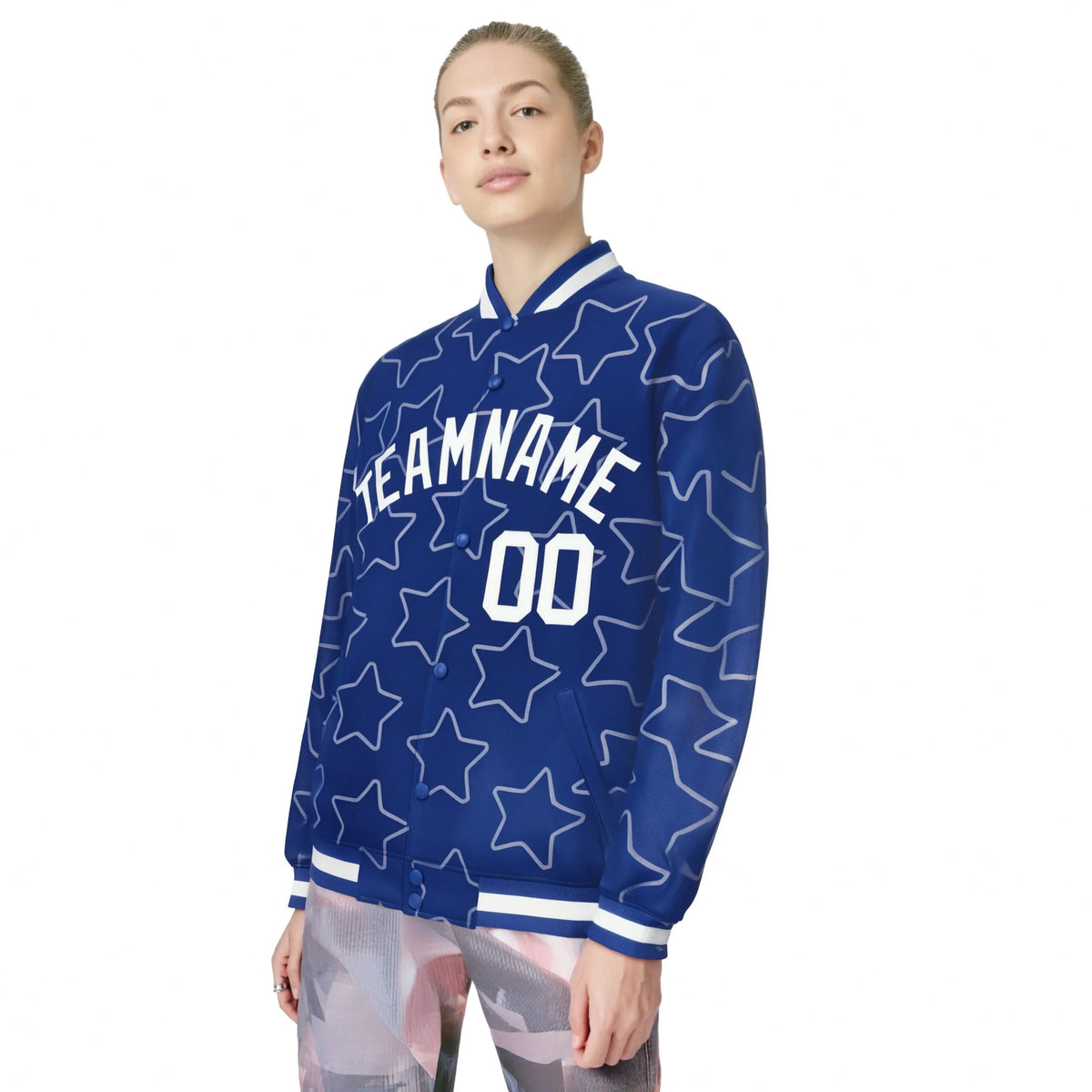 Custom Royal Blue White Varsity Full-Snap Star Pattern Letterman Baseball Jacket
