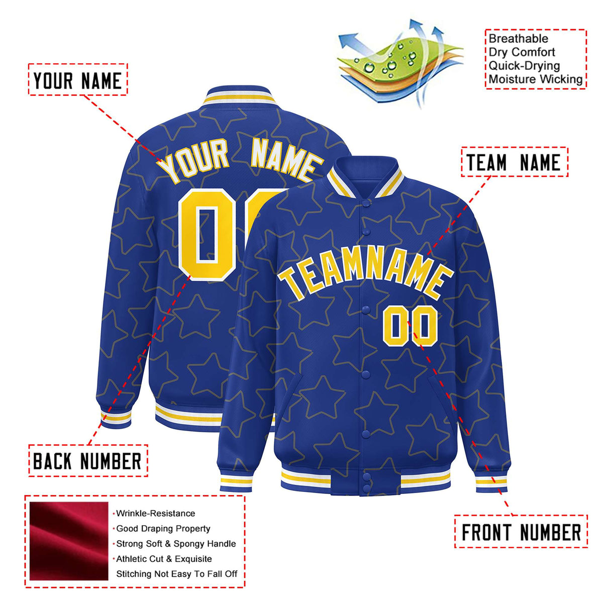 Custom Royal Blue Gold-White Varsity Full-Snap Star Pattern Letterman Baseball Jacket