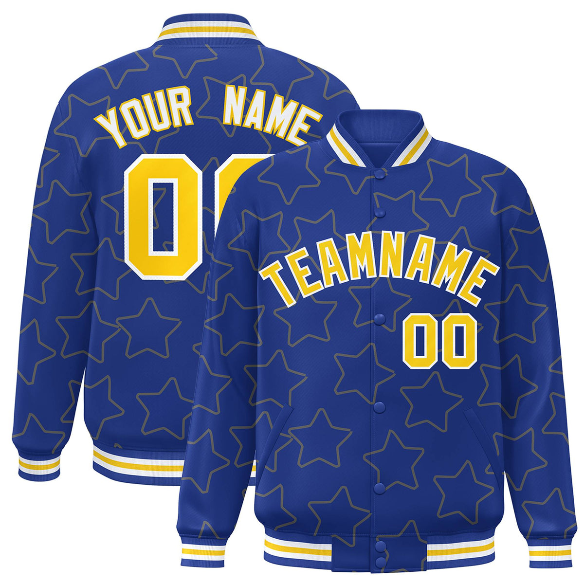 Custom Royal Blue Gold-White Varsity Full-Snap Star Pattern Letterman Baseball Jacket