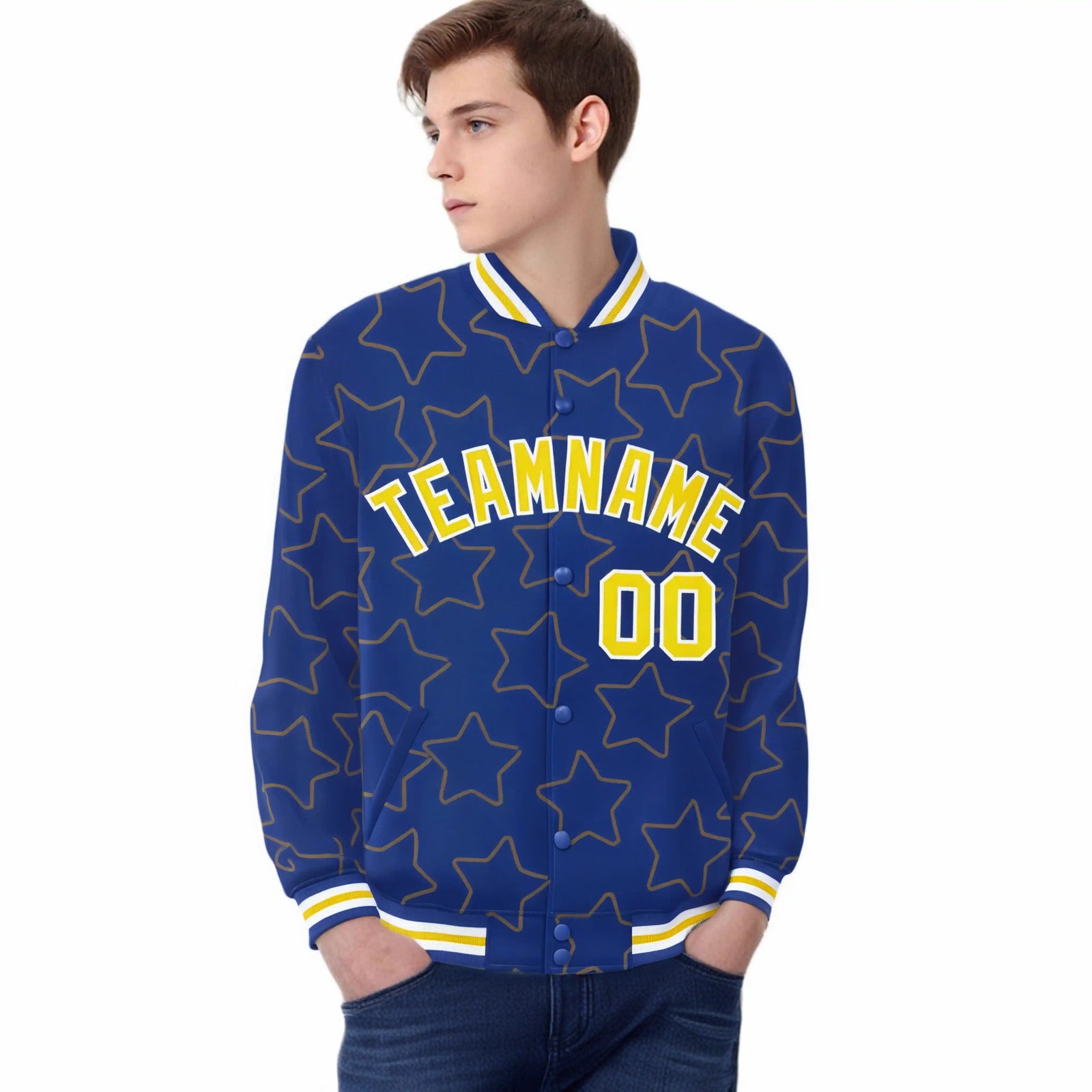 Custom Royal Blue Gold-White Varsity Full-Snap Star Pattern Letterman Baseball Jacket