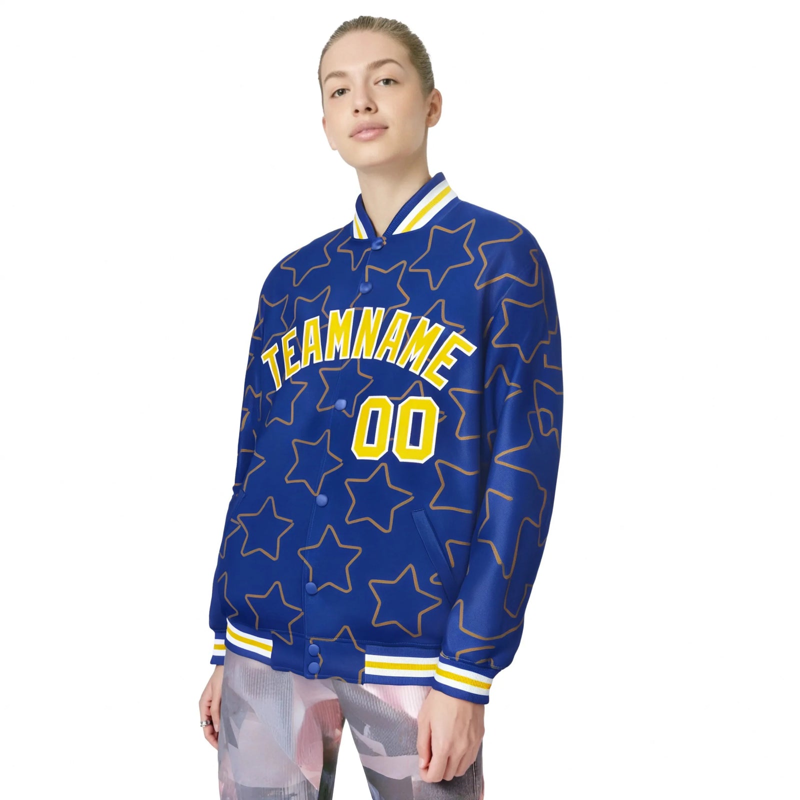 Custom Royal Blue Gold-White Varsity Full-Snap Star Pattern Letterman Baseball Jacket