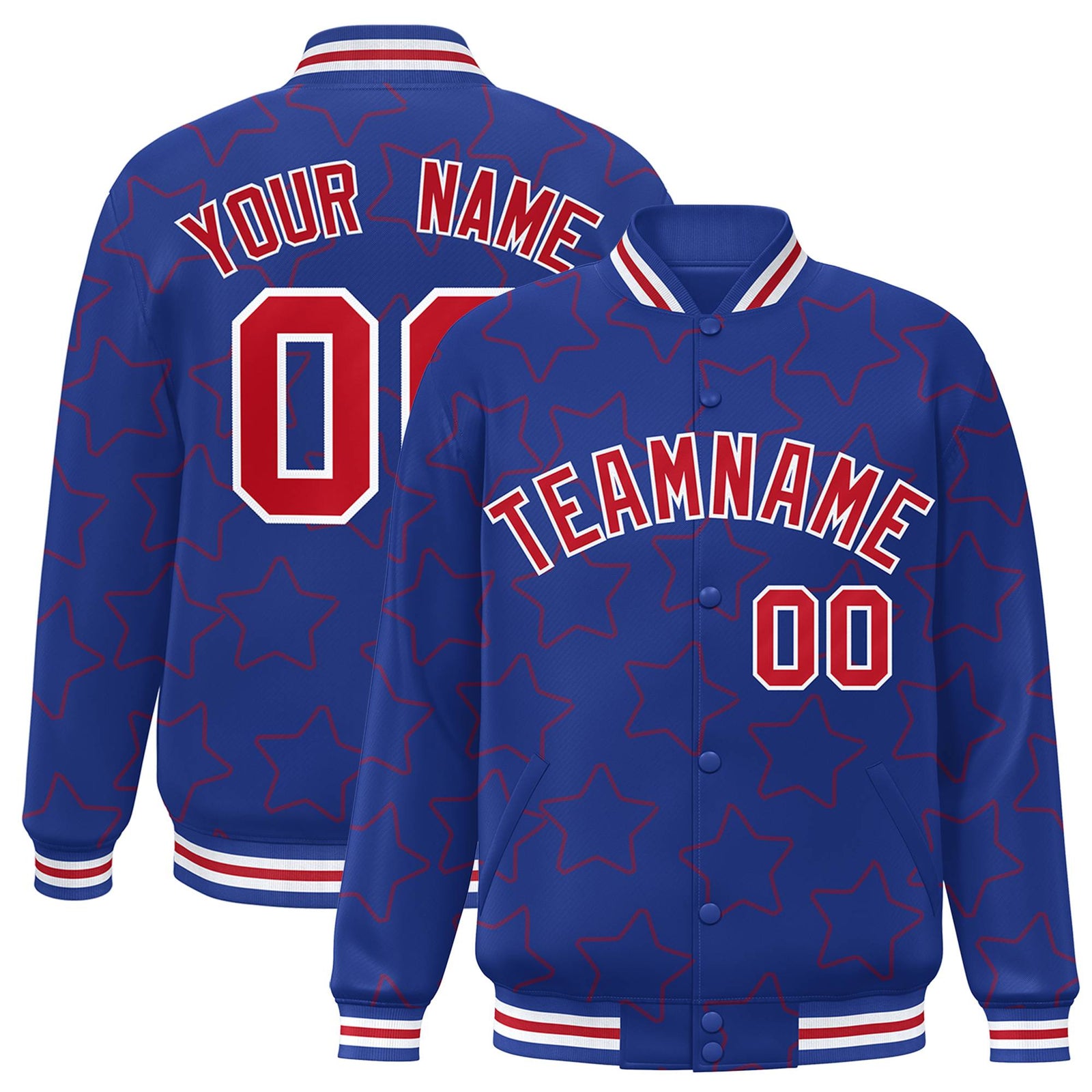 Custom Royal Blue Red-White Varsity Full-Snap Star Pattern Letterman Baseball Jacket