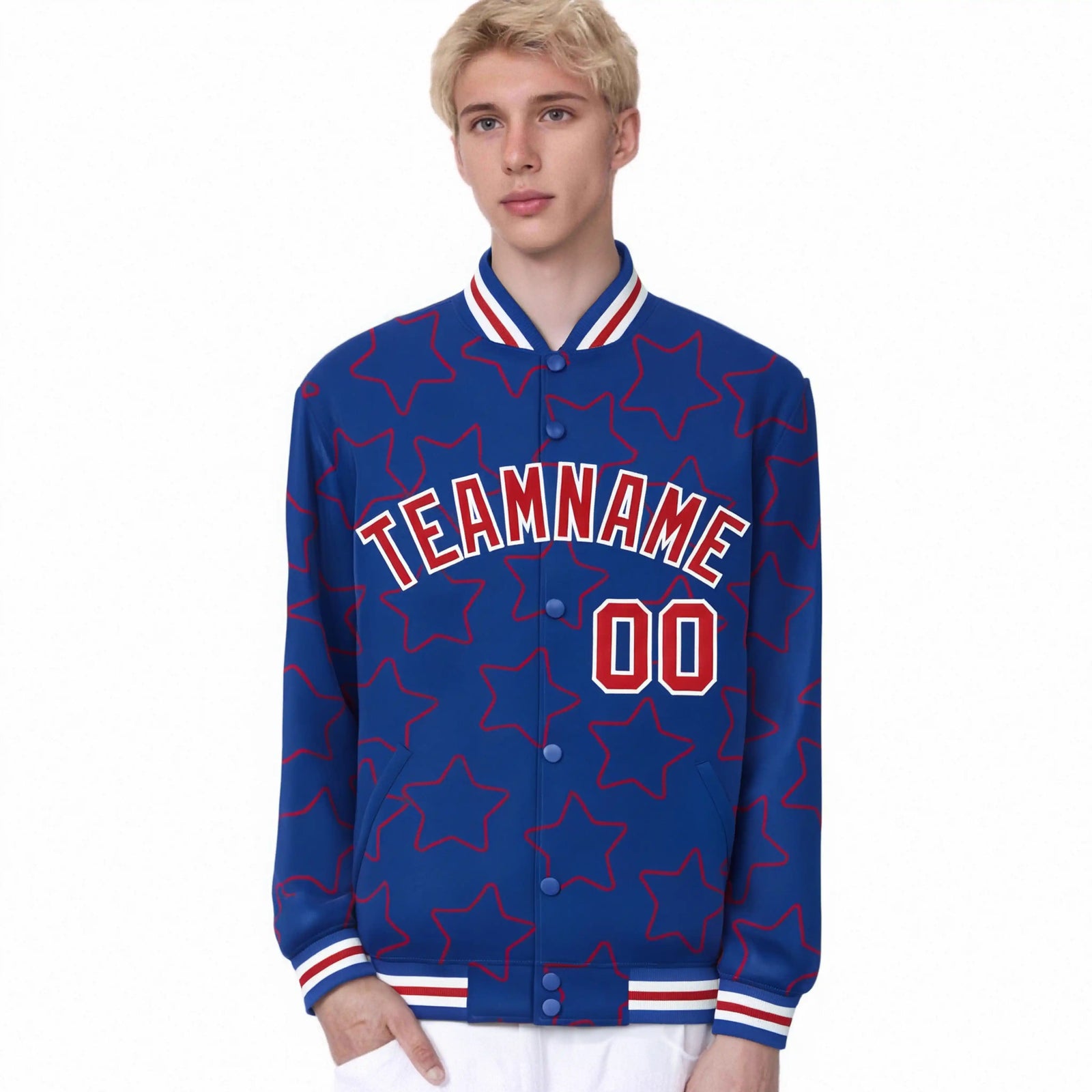 Custom Royal Blue Red-White Varsity Full-Snap Star Pattern Letterman Baseball Jacket