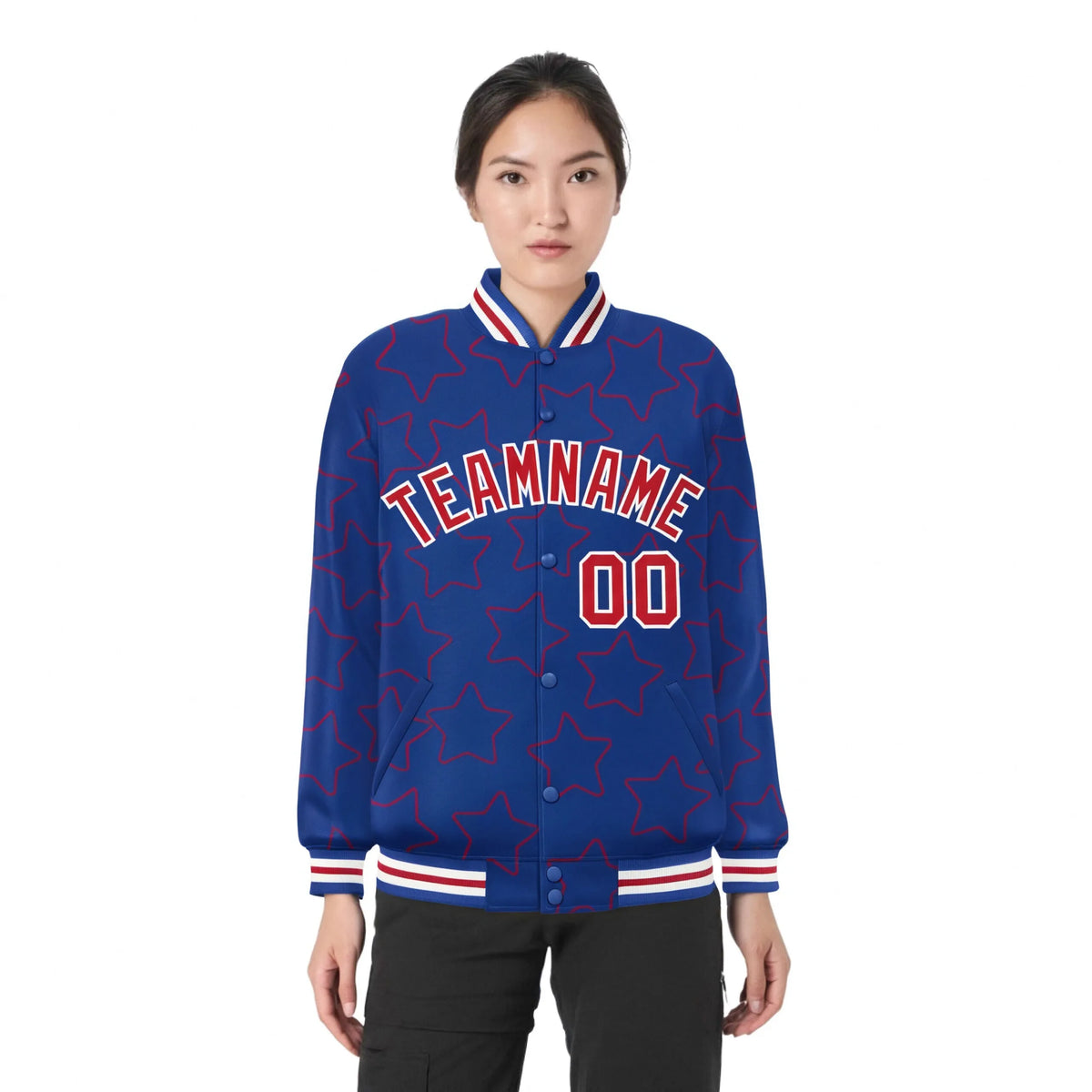 Custom Royal Blue Red-White Varsity Full-Snap Star Pattern Letterman Baseball Jacket