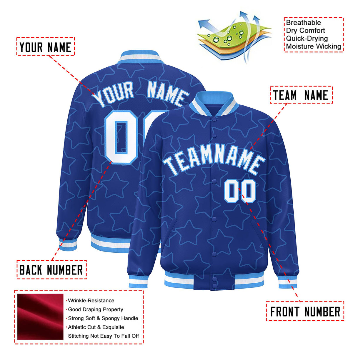 Custom Royal Blue White-Powder Blue Varsity Full-Snap Star Pattern Letterman Baseball Jacket