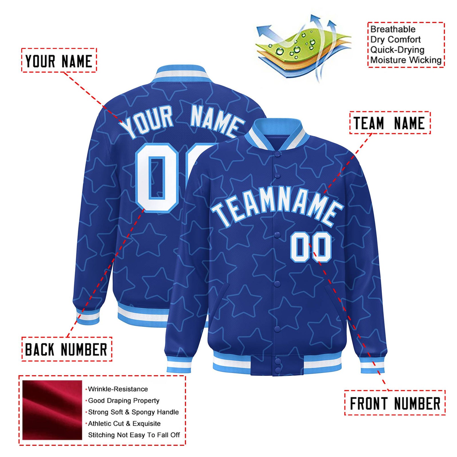 Custom Royal Blue White-Powder Blue Varsity Full-Snap Star Pattern Letterman Baseball Jacket