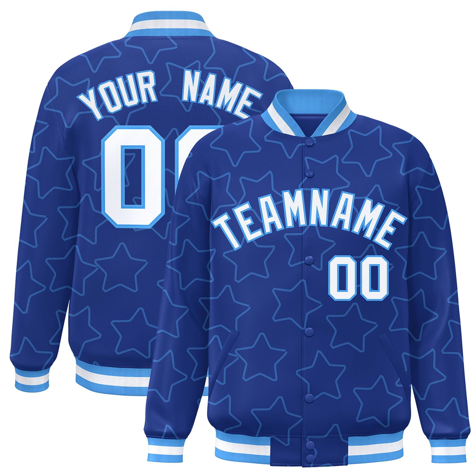 Custom Royal Blue White-Powder Blue Varsity Full-Snap Star Pattern Letterman Baseball Jacket