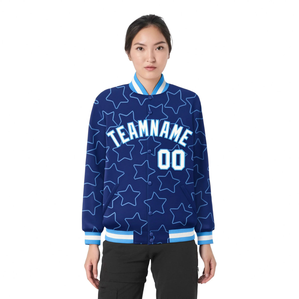 Custom Royal Blue White-Powder Blue Varsity Full-Snap Star Pattern Letterman Baseball Jacket