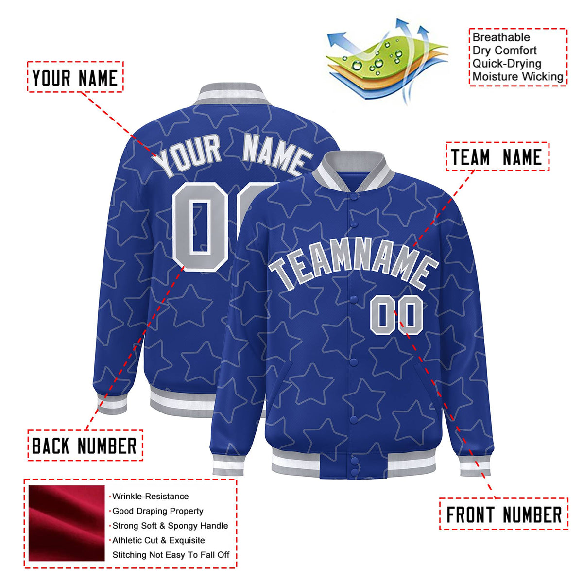 Custom Royal Blue Gray-White Varsity Full-Snap Star Pattern Letterman Baseball Jacket