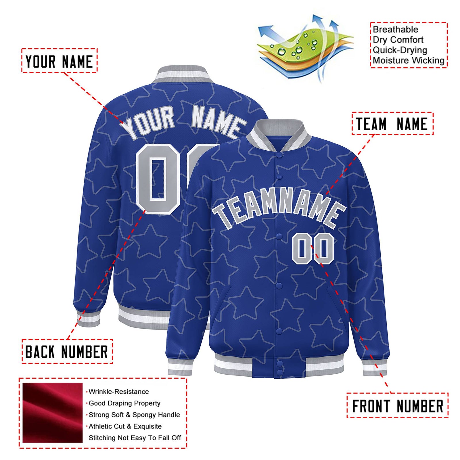Custom Royal Blue Gray-White Varsity Full-Snap Star Pattern Letterman Baseball Jacket