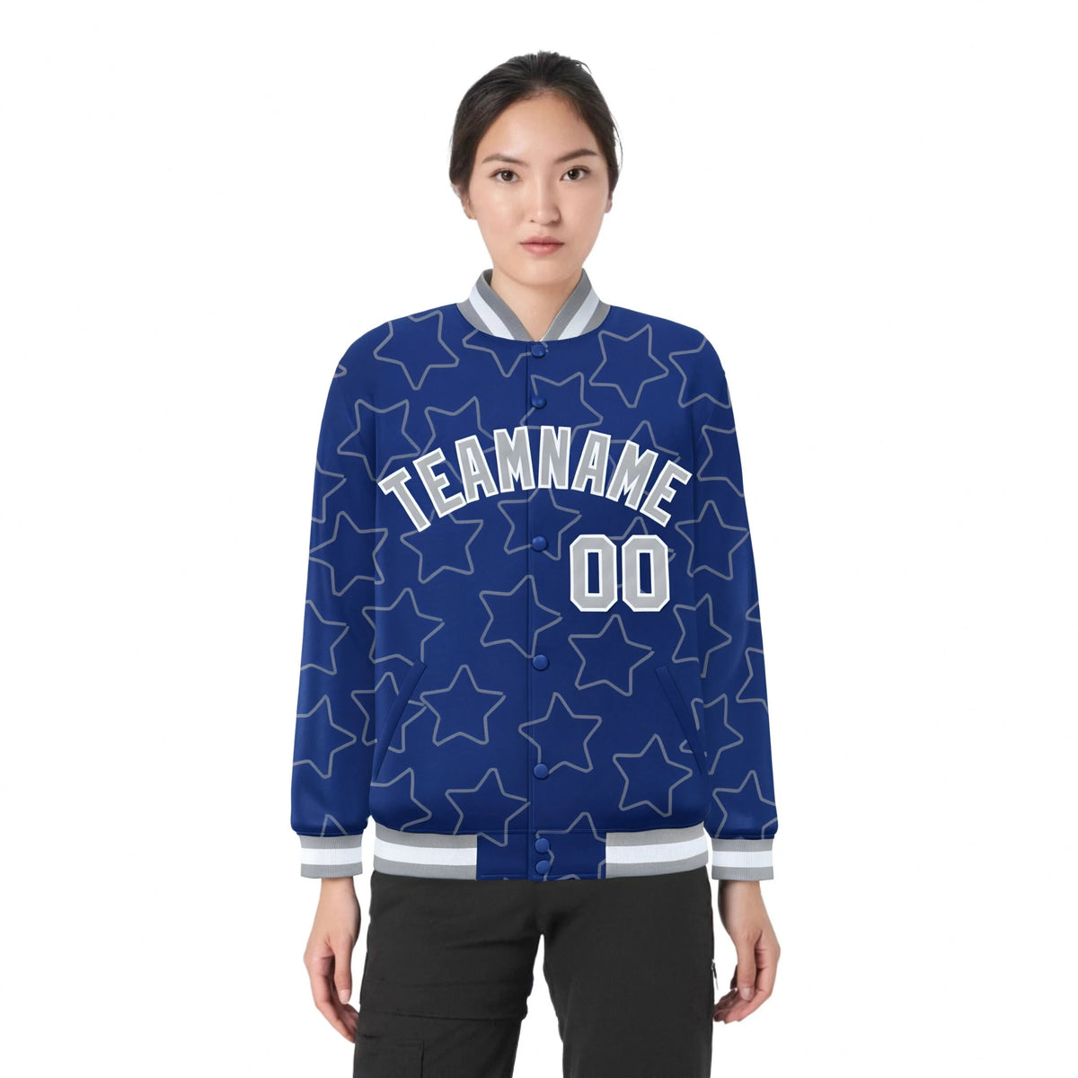 Custom Royal Blue Gray-White Varsity Full-Snap Star Pattern Letterman Baseball Jacket