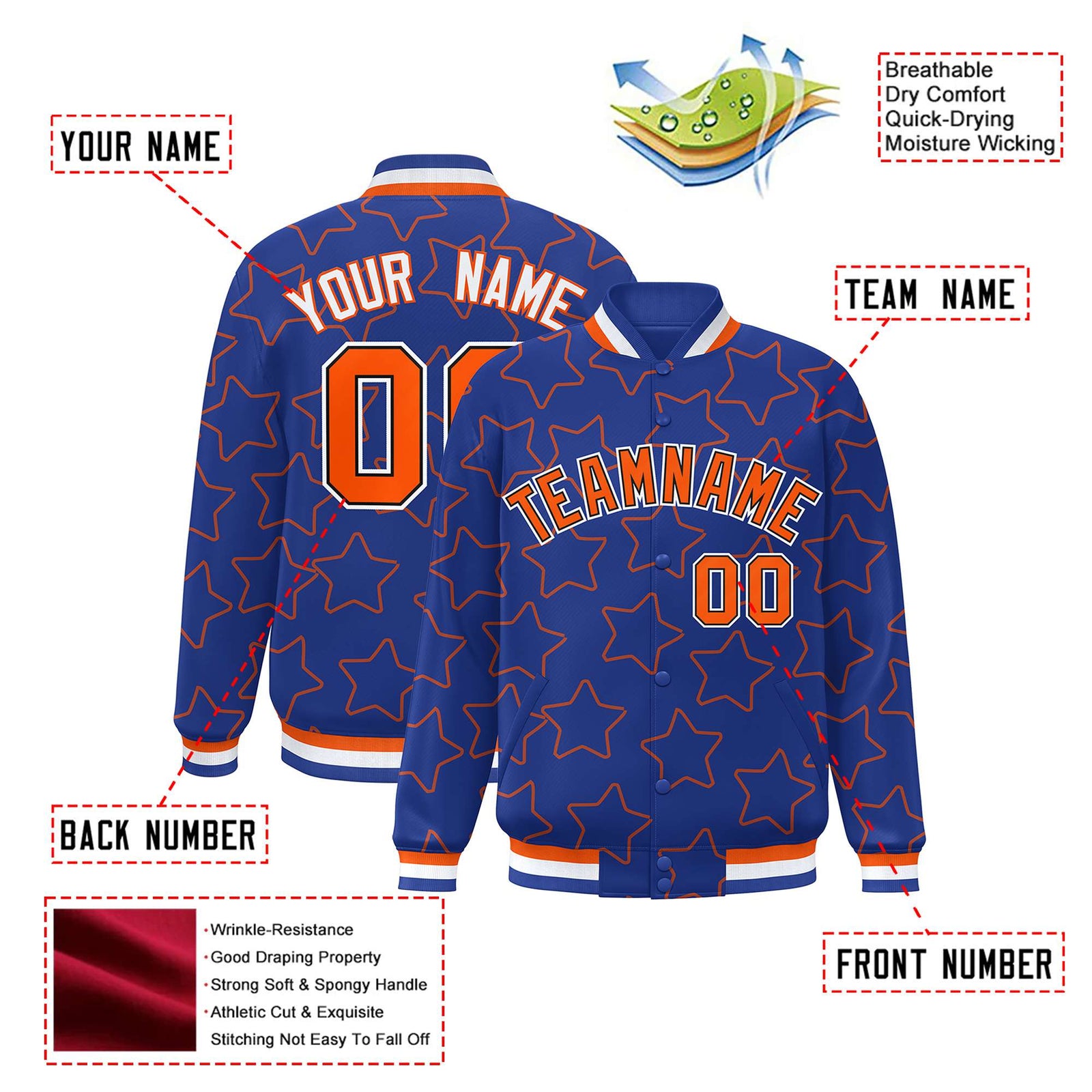 Custom Royal Blue Orange Varsity Full-Snap Star Pattern Letterman Baseball Jacket