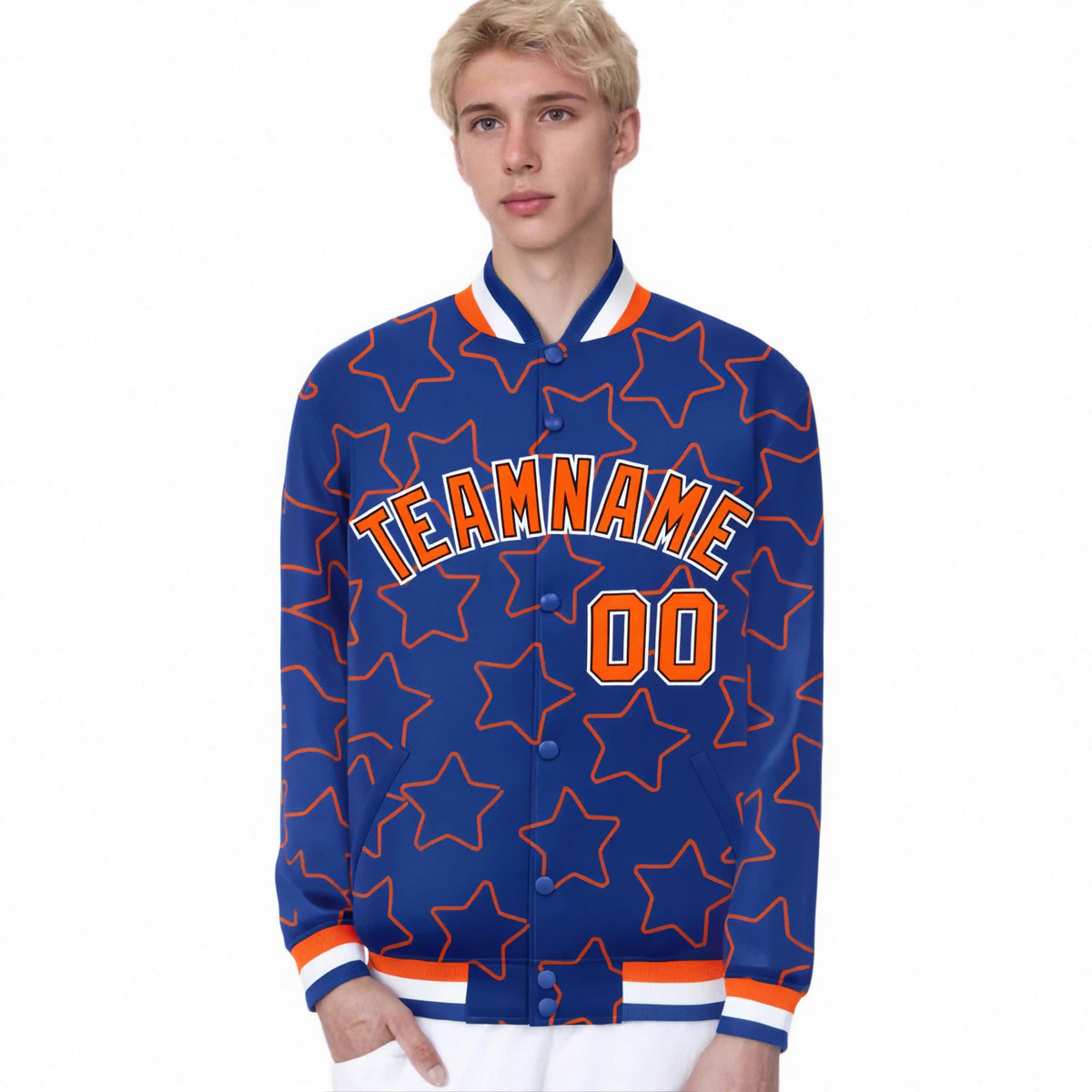 Custom Royal Blue Orange Varsity Full-Snap Star Pattern Letterman Baseball Jacket