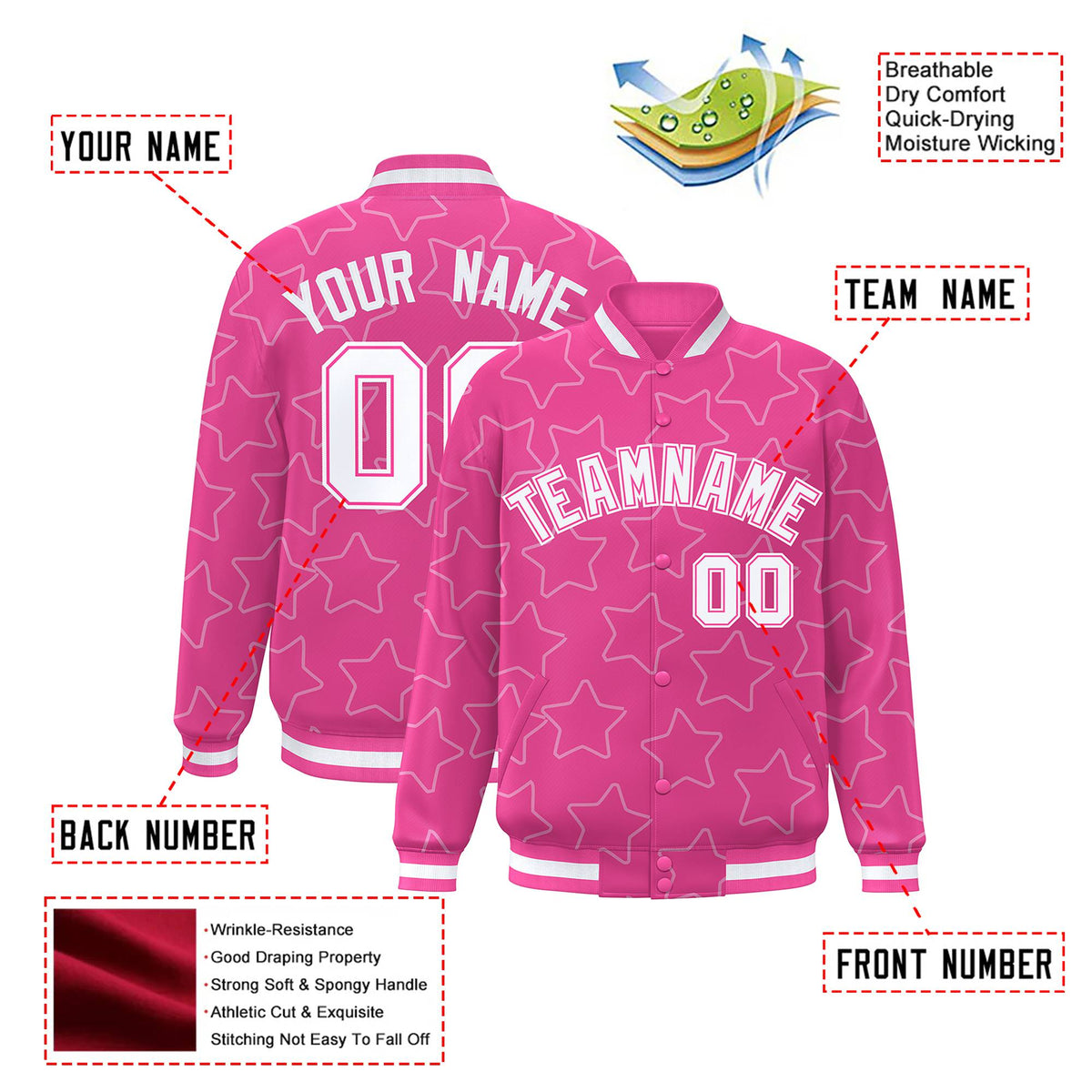 Custom Pink White Varsity Full-Snap Star Pattern Letterman Baseball Jacket