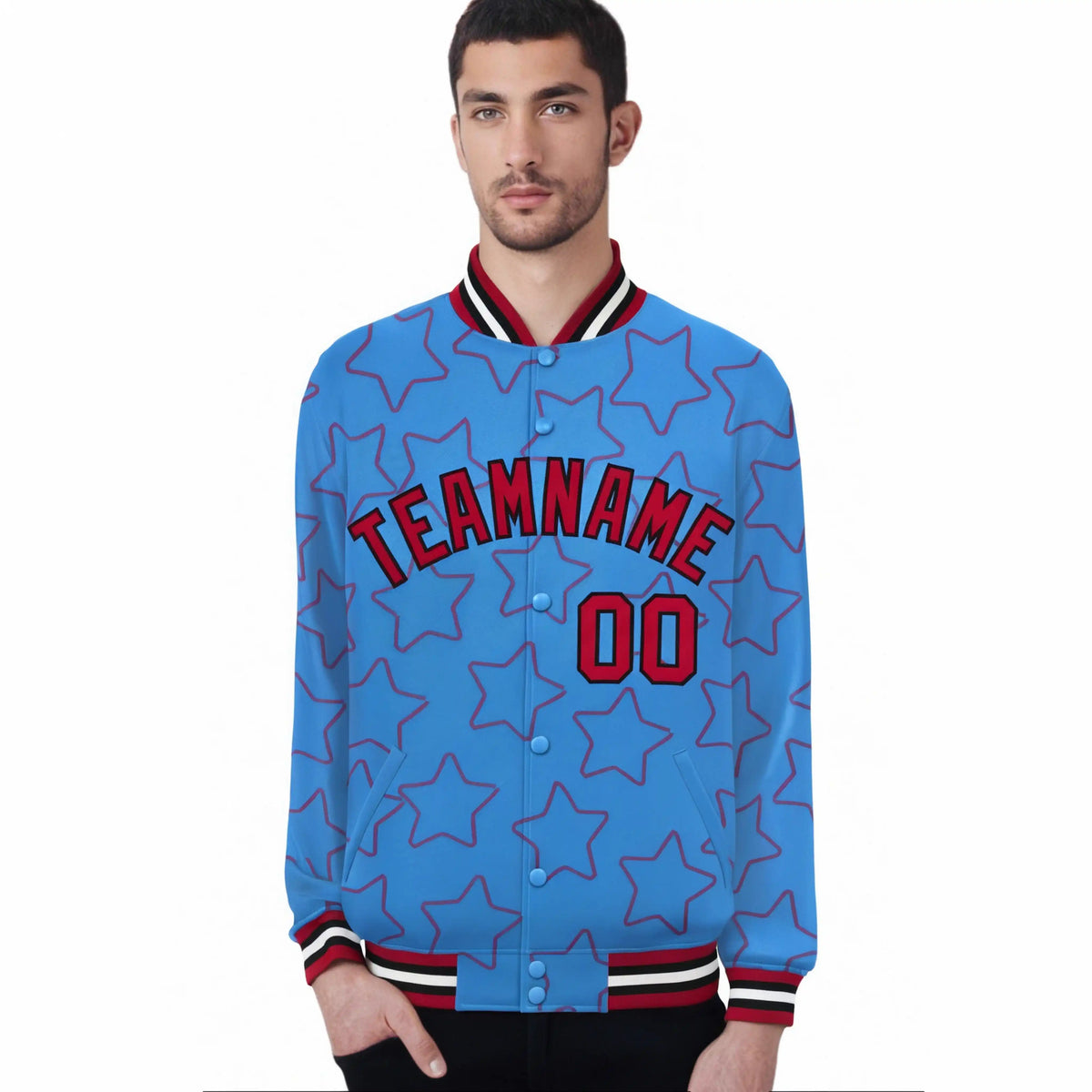 Custom Pink White Varsity Full-Snap Star Pattern Letterman Baseball Jacket