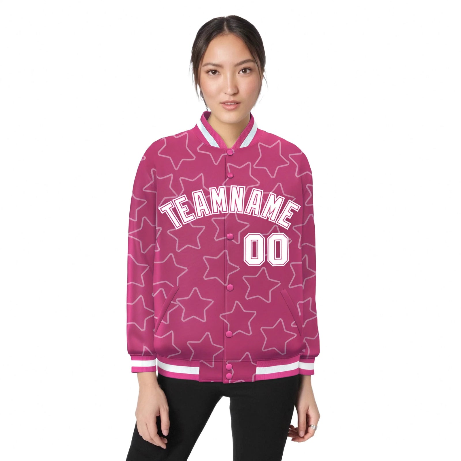 Custom Pink White Varsity Full-Snap Star Pattern Letterman Baseball Jacket