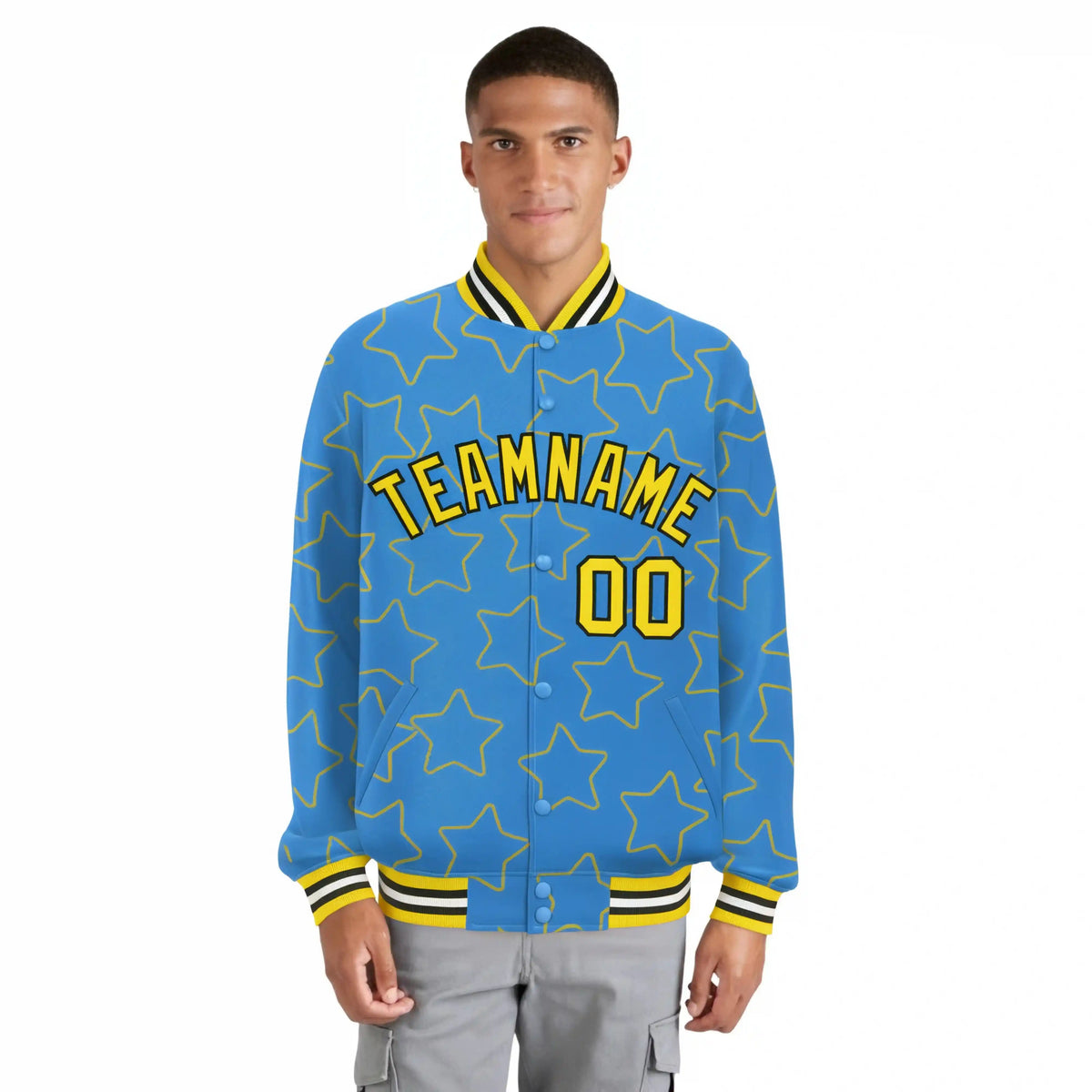 Custom Powder Blue Gold-Black Varsity Full-Snap Star Pattern Letterman Baseball Jacket