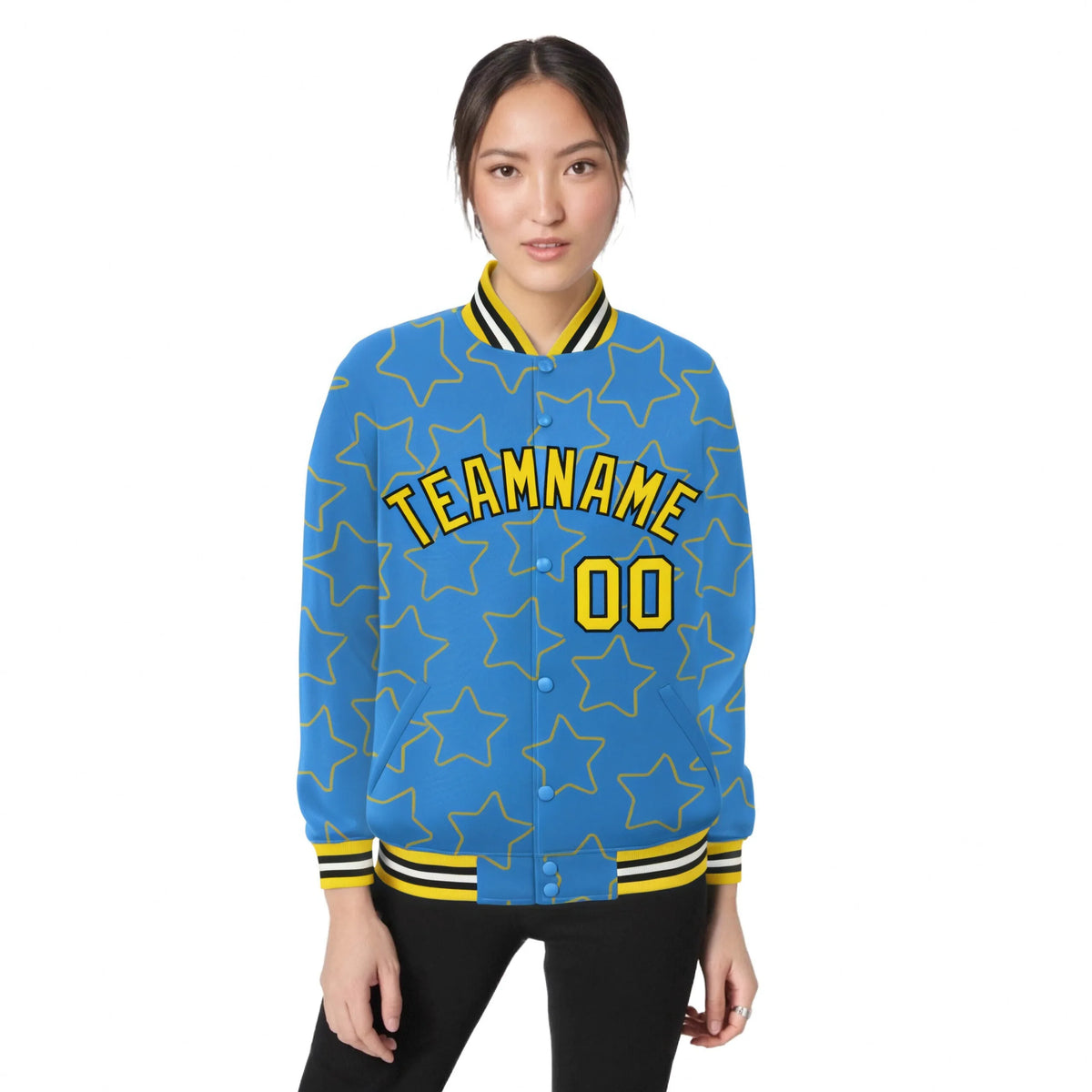Custom Powder Blue Gold-Black Varsity Full-Snap Star Pattern Letterman Baseball Jacket