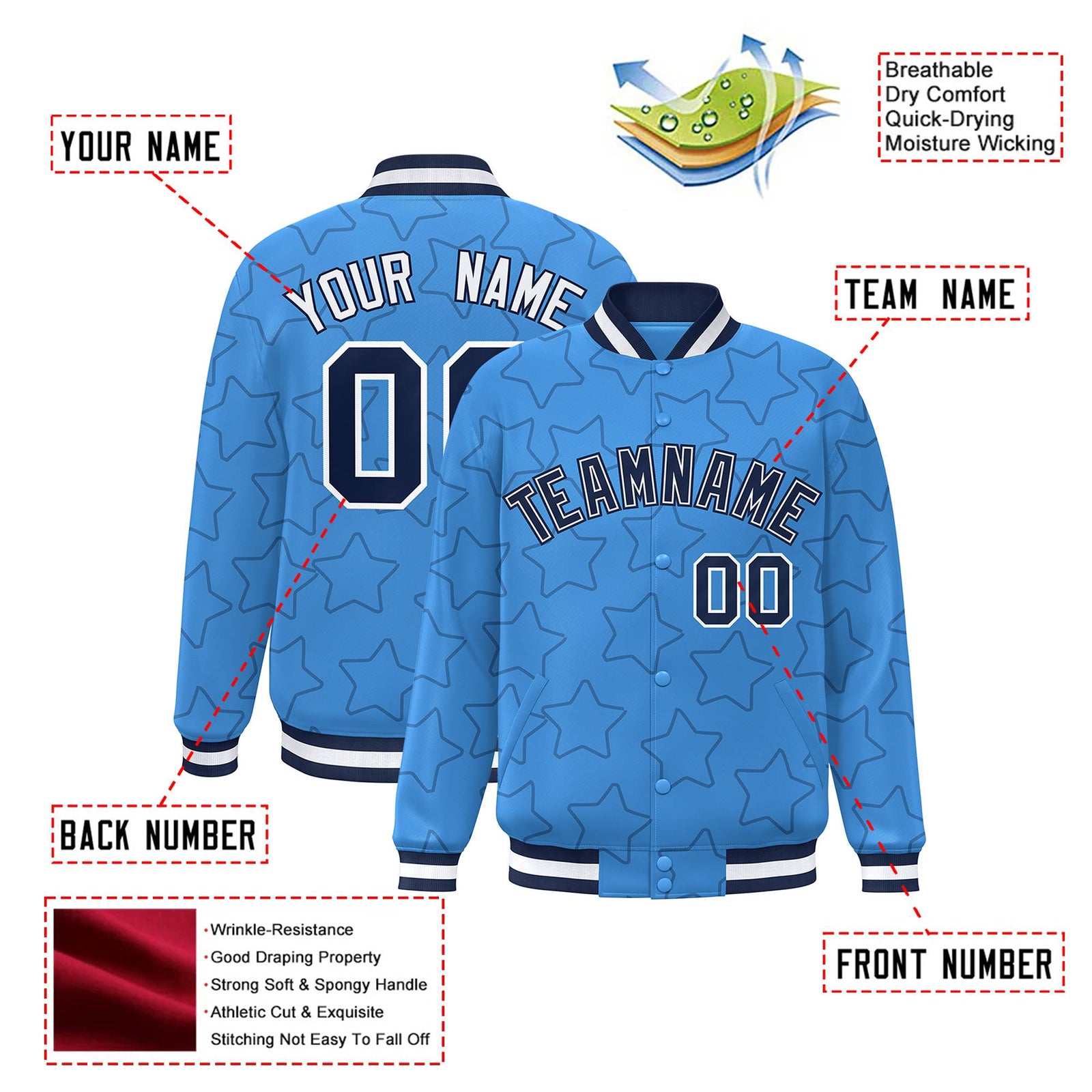 Custom Powder Blue Navy-White Varsity Full-Snap Star Pattern Letterman Baseball Jacket