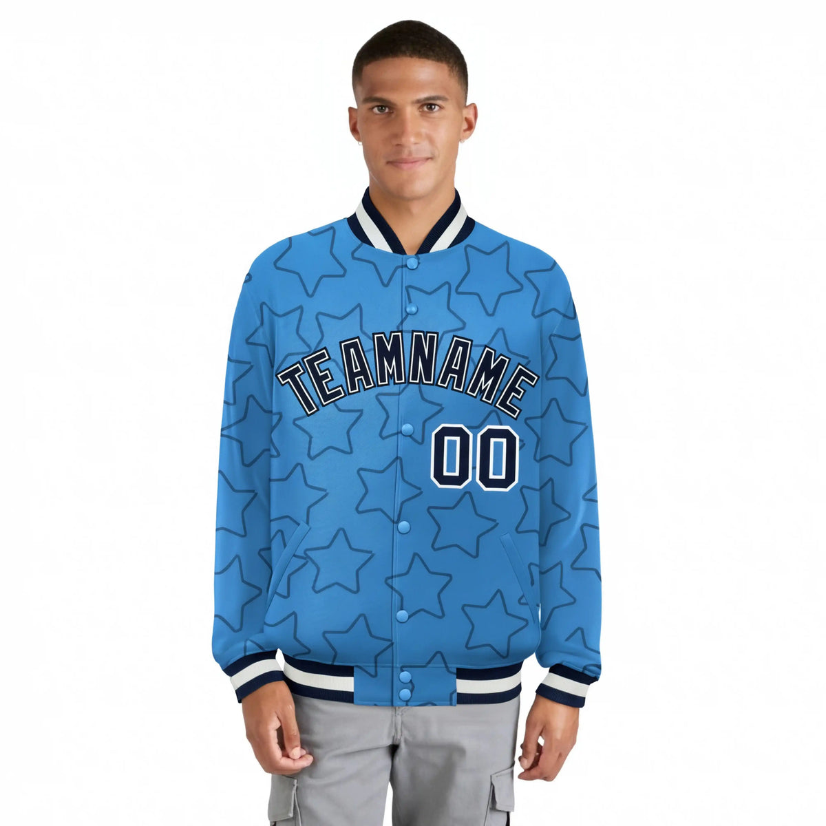 Custom Powder Blue Navy-White Varsity Full-Snap Star Pattern Letterman Baseball Jacket