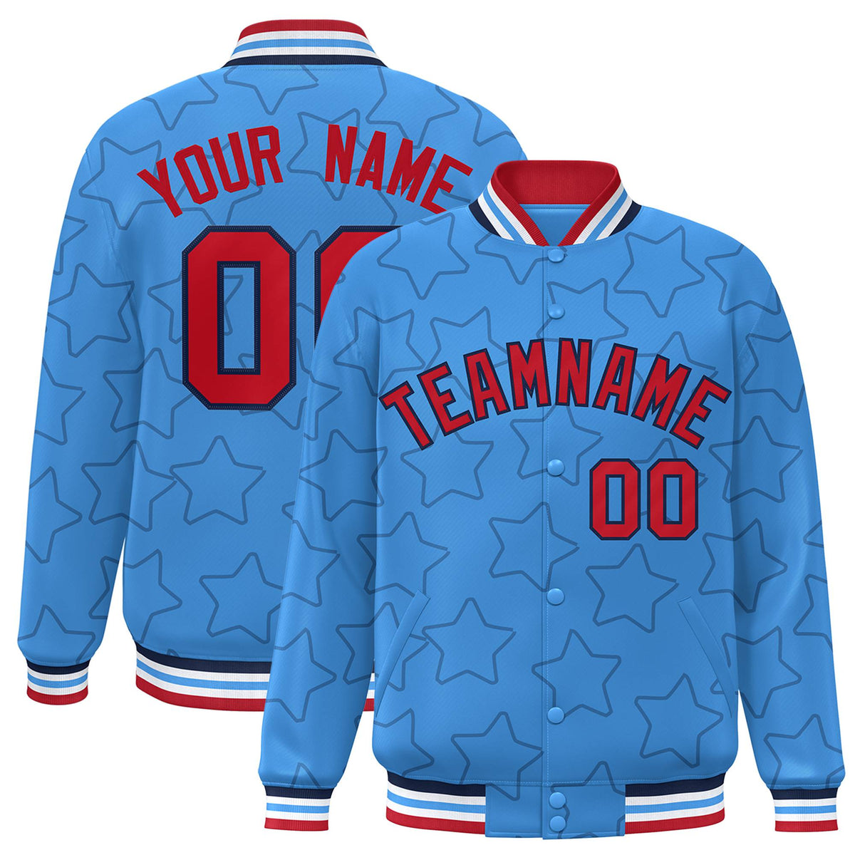 Custom Powder Blue Red-Navy Varsity Full-Snap Star Pattern Letterman Baseball Jacket