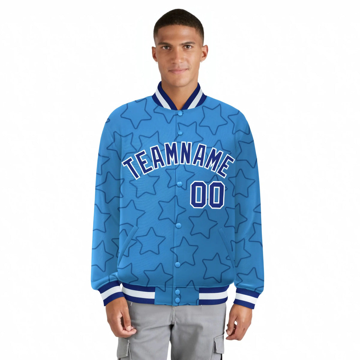 Custom Powder Blue Royal Blue-White Varsity Full-Snap Star Pattern Letterman Baseball Jacket