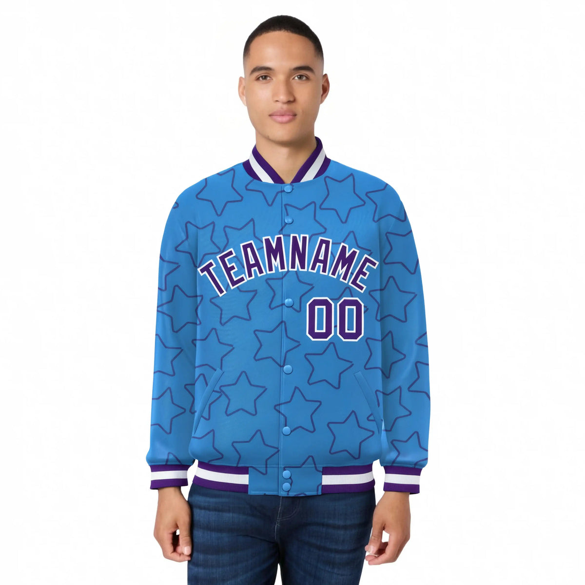 Custom Powder Blue Purple-White Varsity Full-Snap Star Pattern Letterman Baseball Jacket