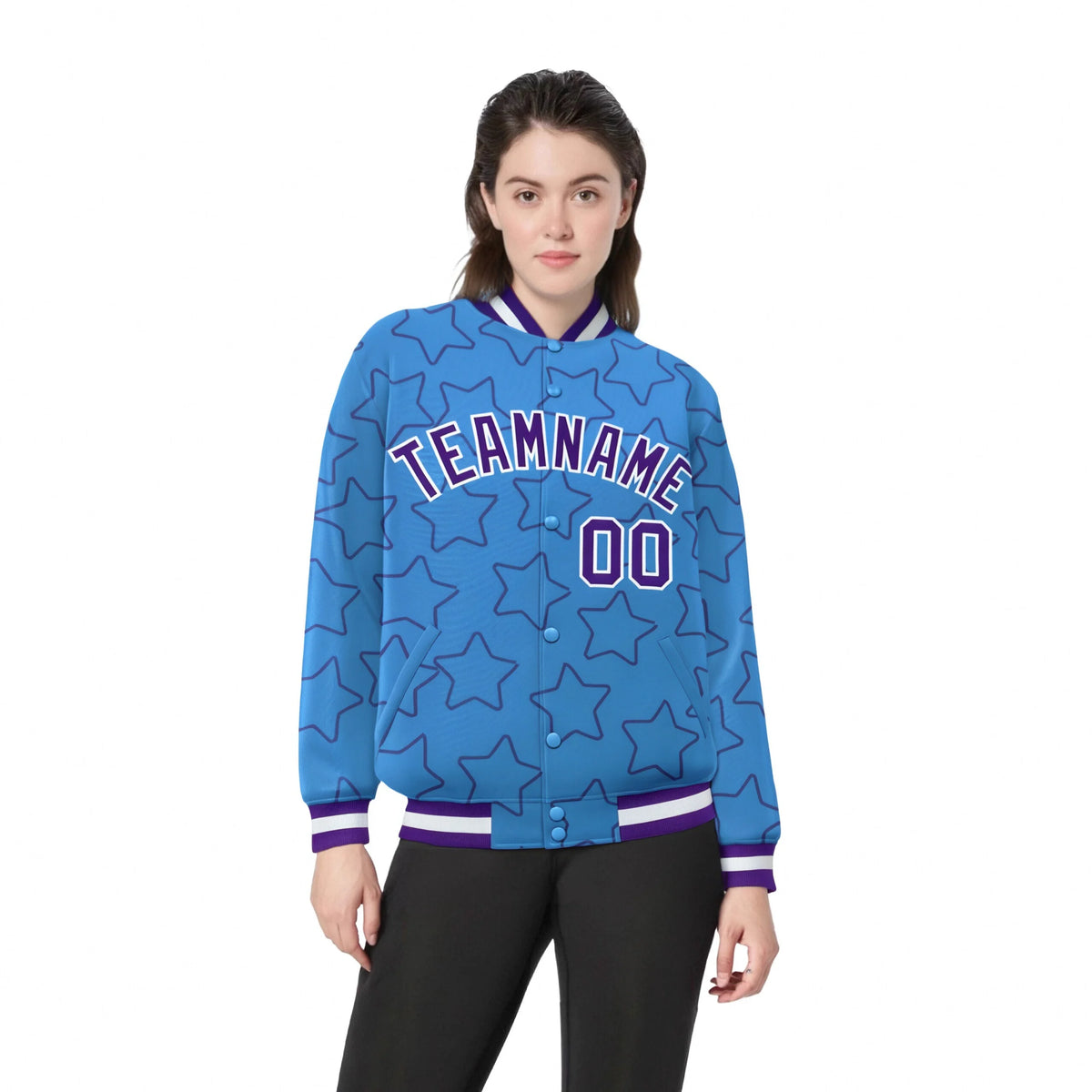 Custom Powder Blue Purple-White Varsity Full-Snap Star Pattern Letterman Baseball Jacket