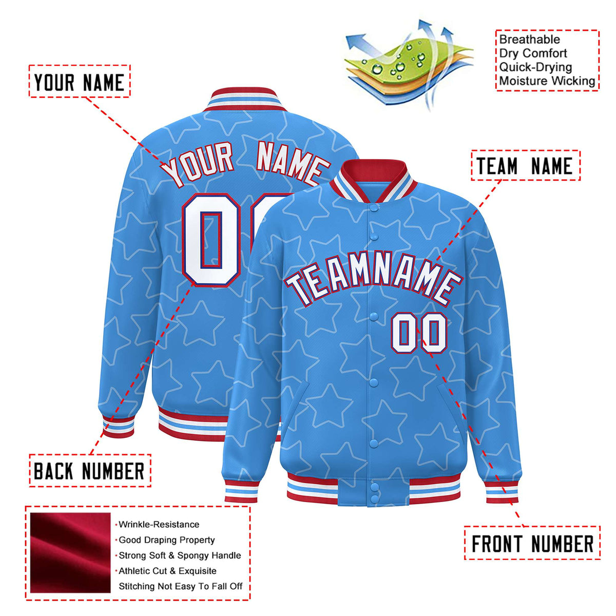 Custom Powder Blue White-Red Varsity Full-Snap Star Pattern Letterman Baseball Jacket