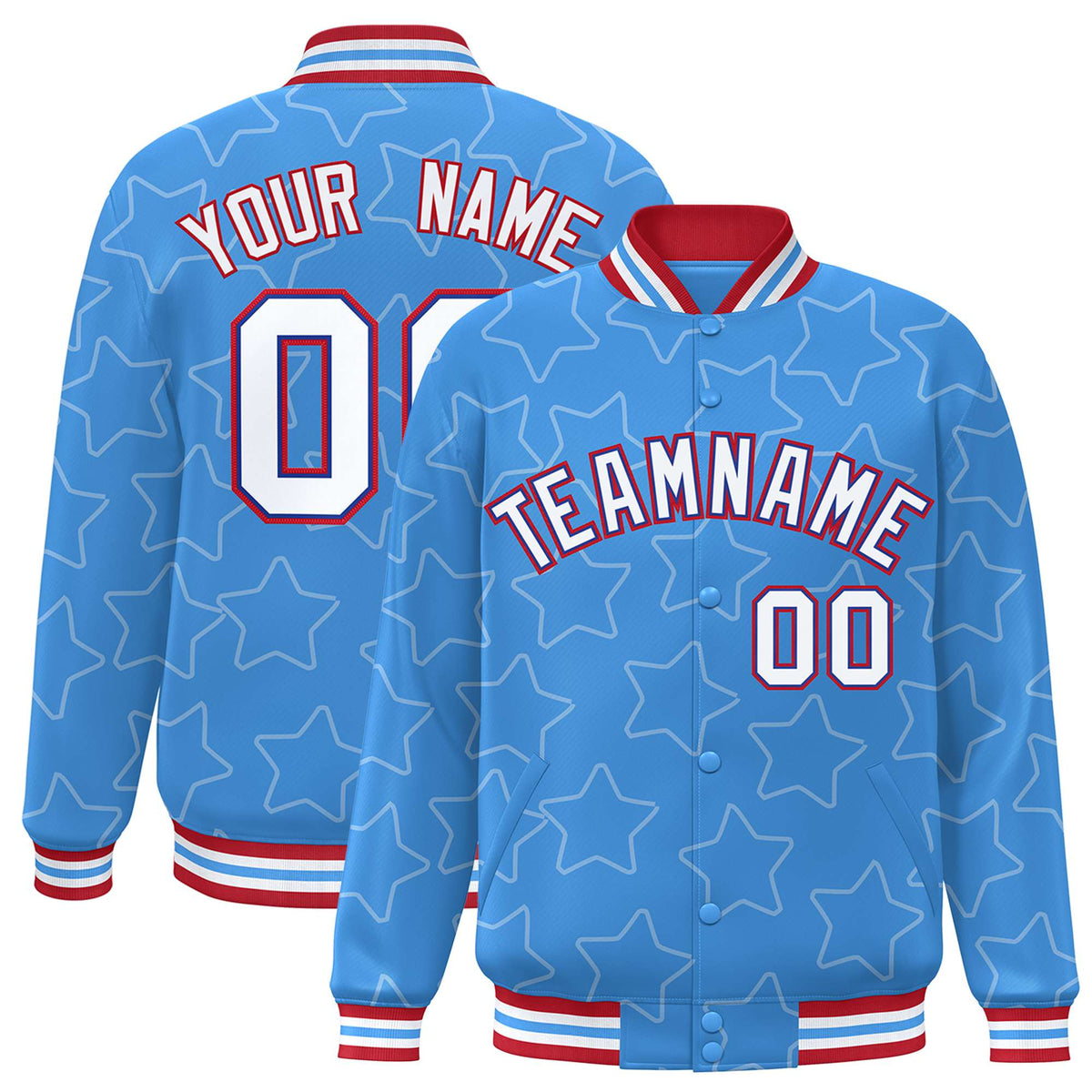 Custom Powder Blue White-Red Varsity Full-Snap Star Pattern Letterman Baseball Jacket