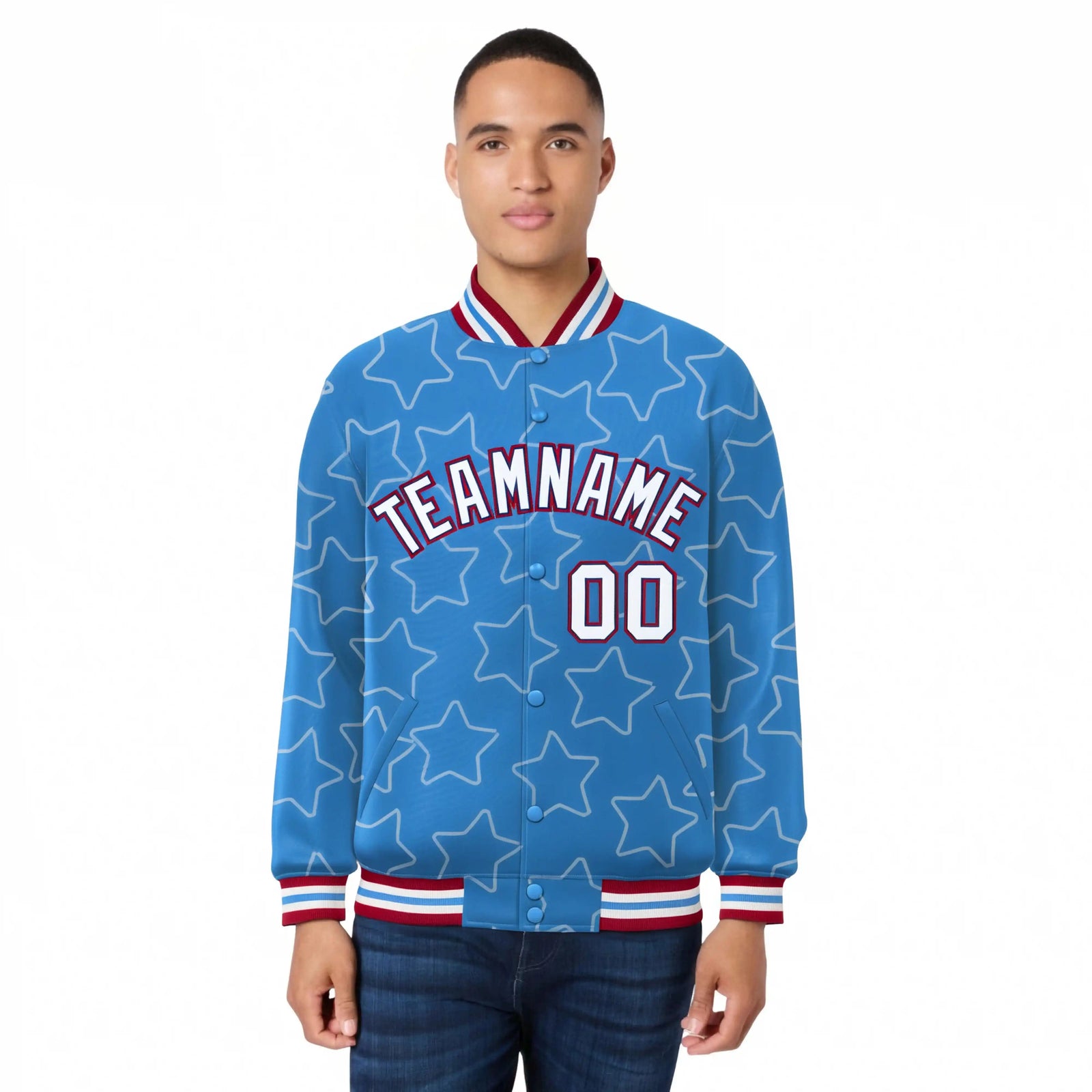 Custom Powder Blue White-Red Varsity Full-Snap Star Pattern Letterman Baseball Jacket