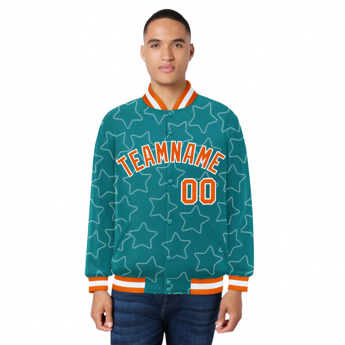 Custom Aqua Orange-White Varsity Full-Snap Star Pattern Letterman Baseball Jacket