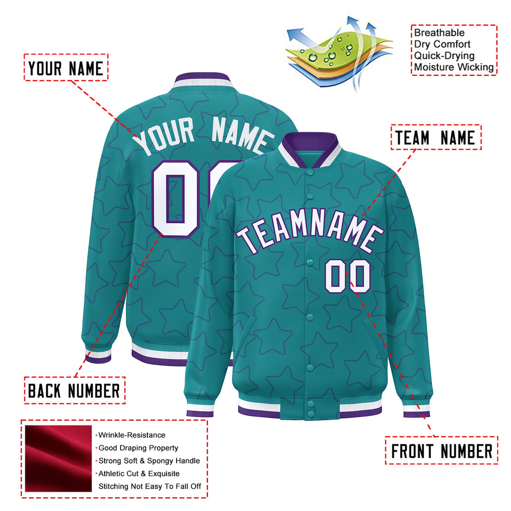 Custom Aqua White-Purple Varsity Full-Snap Star Pattern Letterman Baseball Jacket