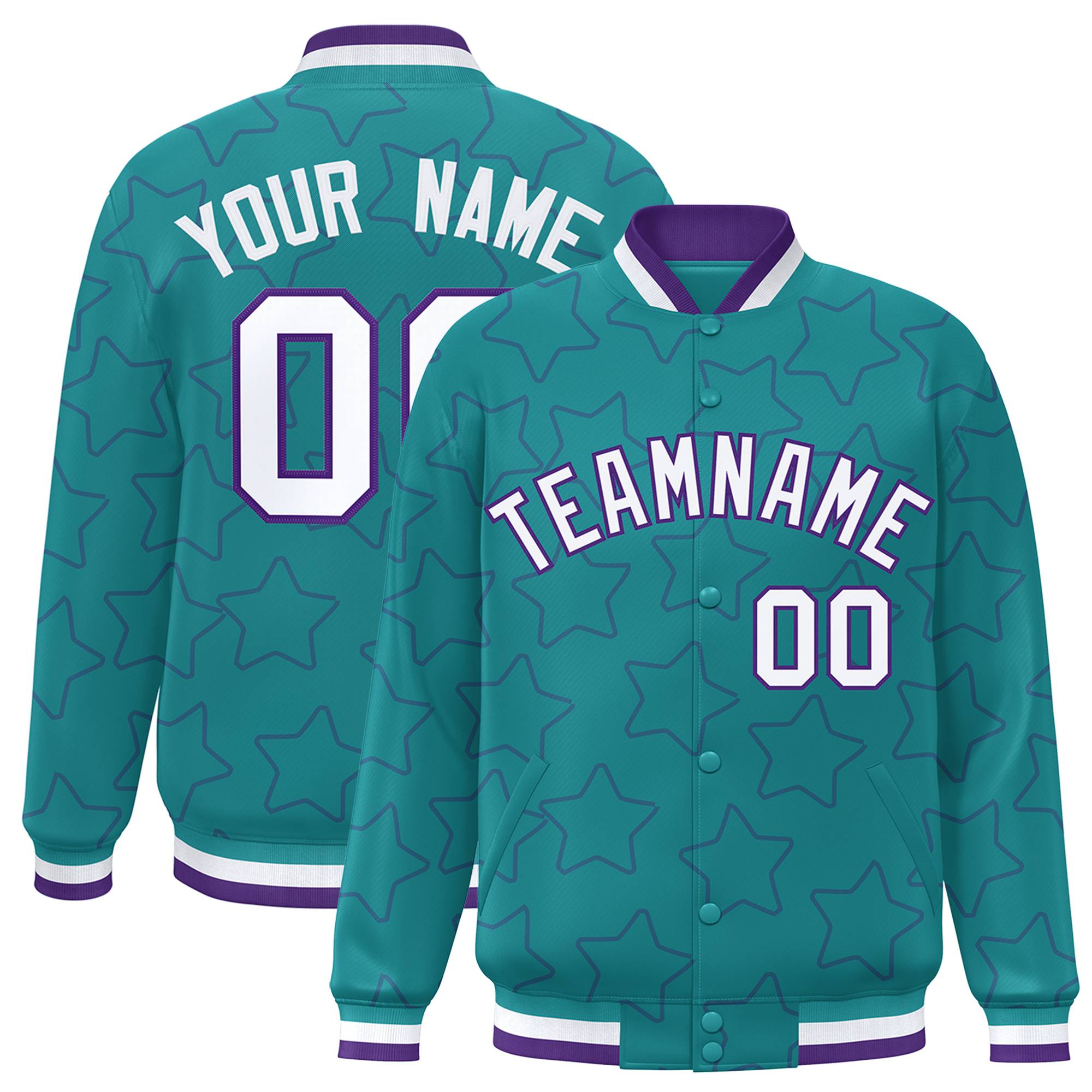 Custom Aqua White-Purple Varsity Full-Snap Star Pattern Letterman Baseball Jacket