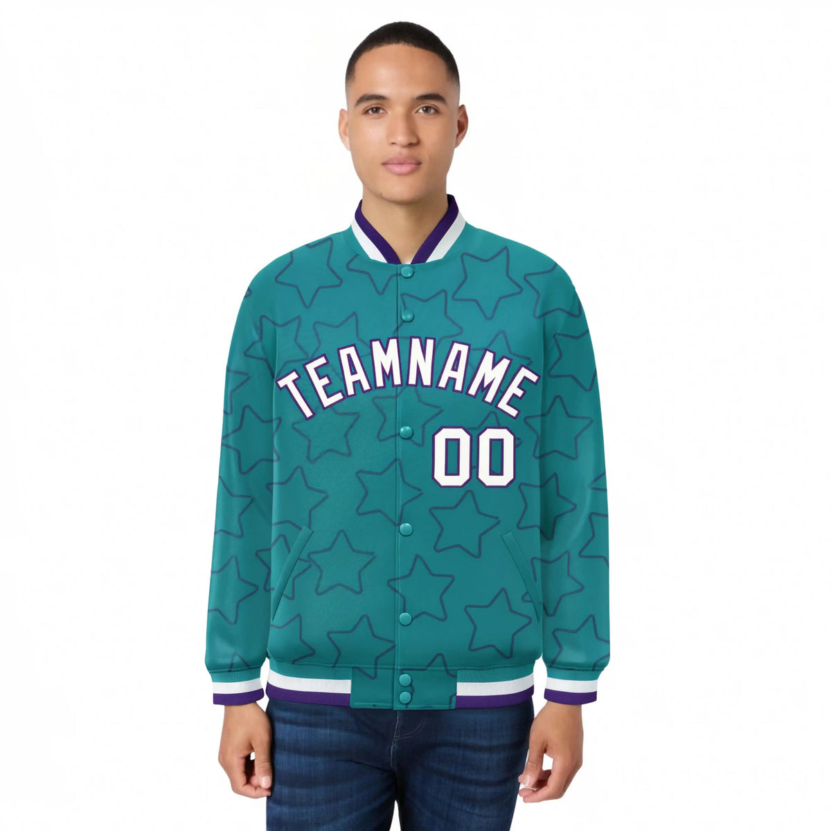 Custom Aqua White-Purple Varsity Full-Snap Star Pattern Letterman Baseball Jacket