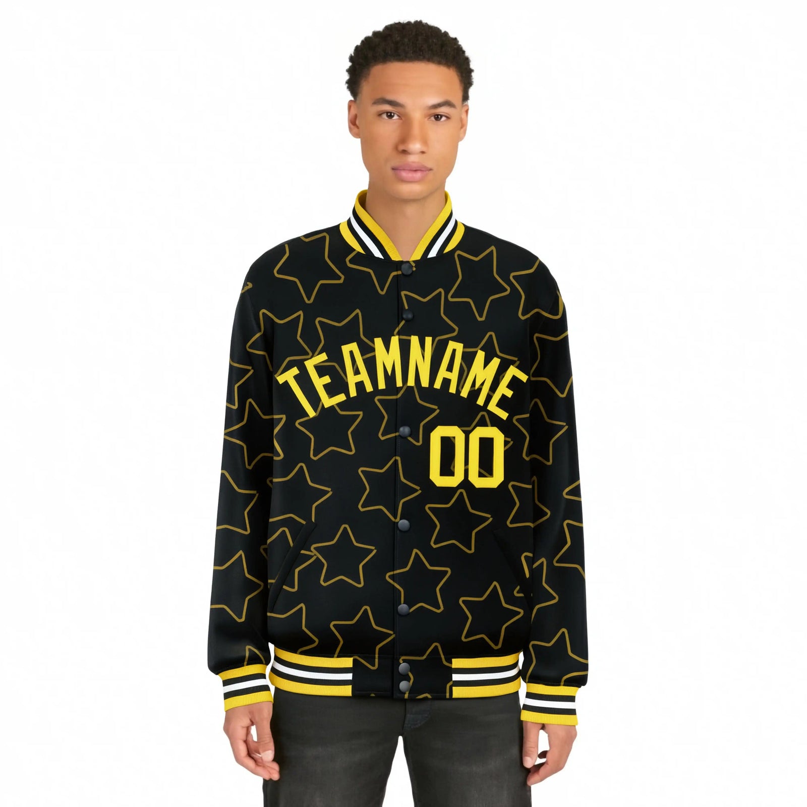 Custom Black Gold Varsity Full-Snap Star Pattern Letterman Baseball Jacket