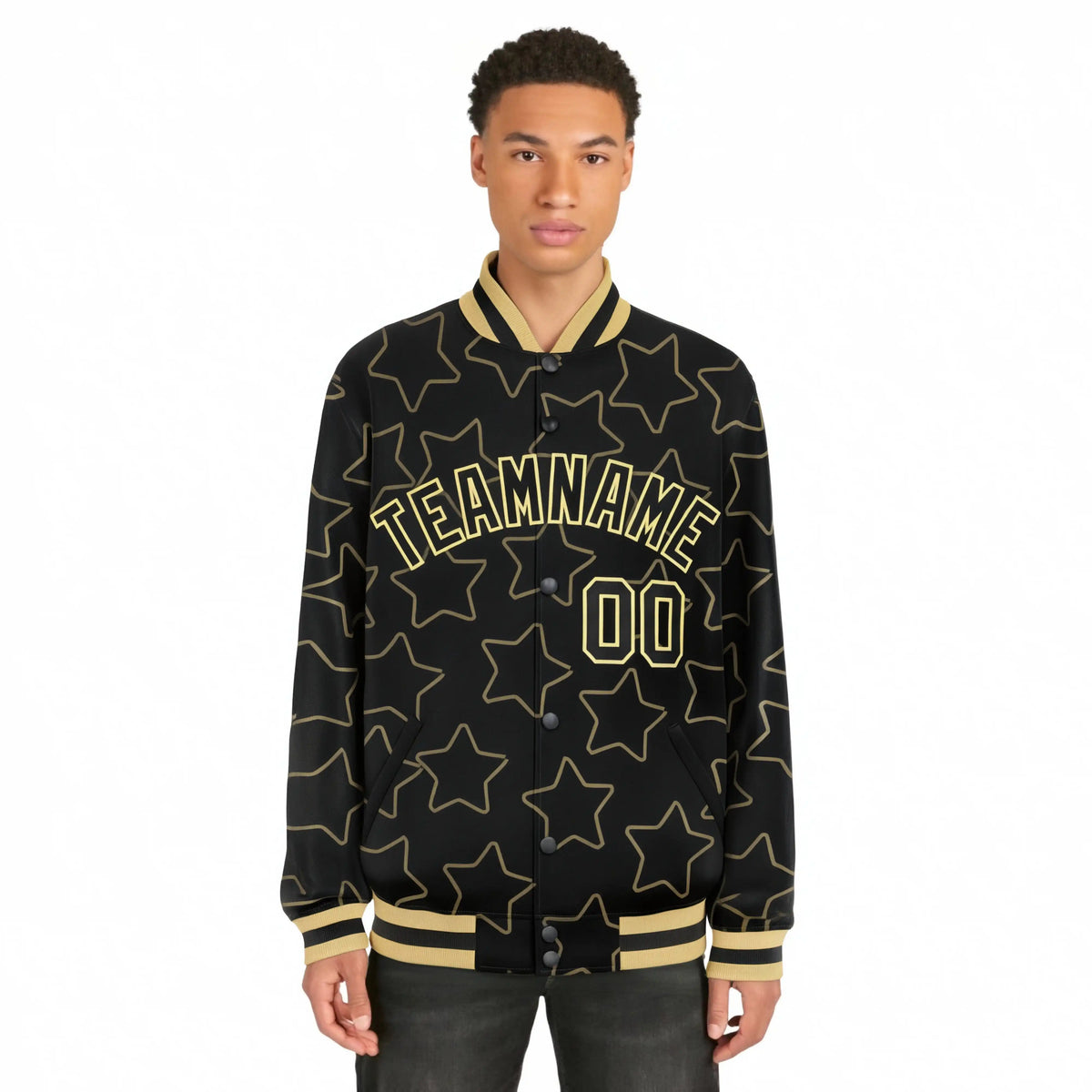 Custom Black Old-Gold Varsity Full-Snap Star Pattern Letterman Baseball Jacket