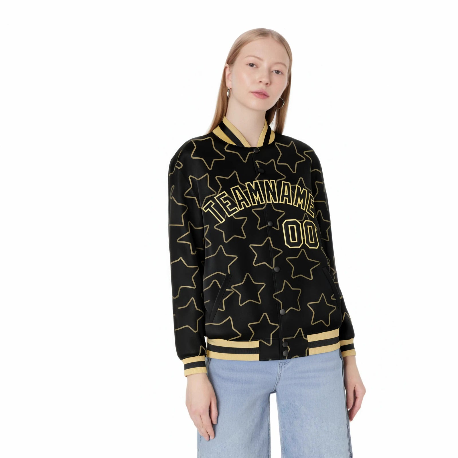 Custom Black Old-Gold Varsity Full-Snap Star Pattern Letterman Baseball Jacket
