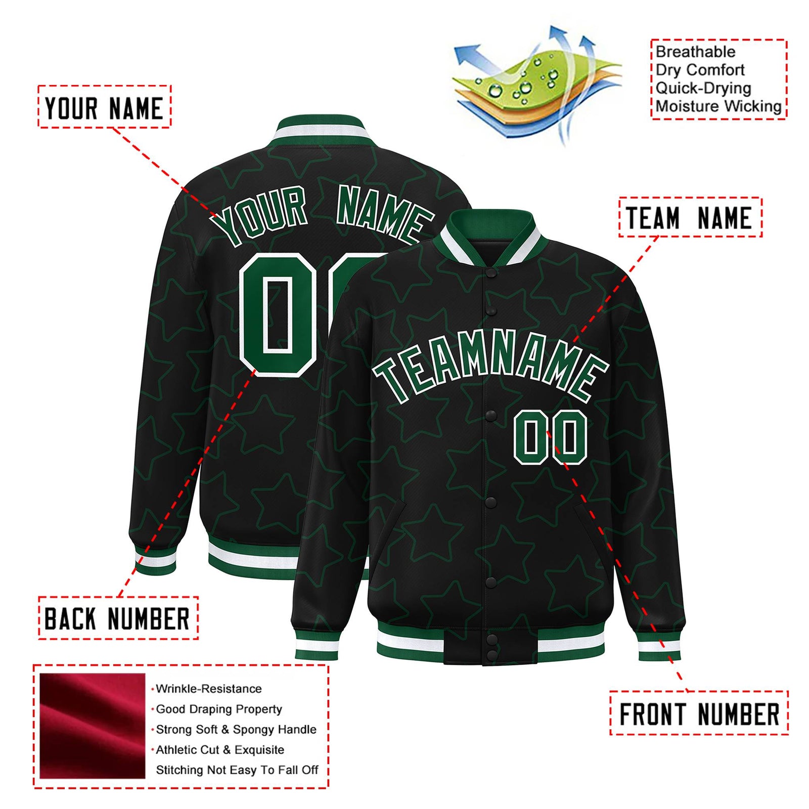 Custom Black Green-White Varsity Full-Snap Star Pattern Letterman Baseball Jacket