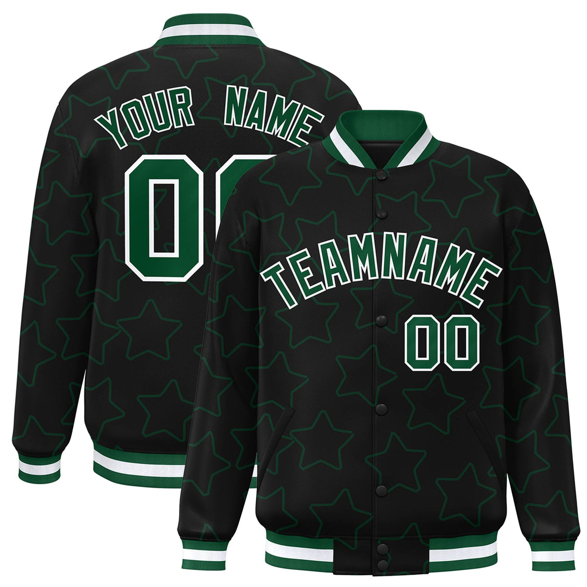 Custom Black Green-White Varsity Full-Snap Star Pattern Letterman Baseball Jacket