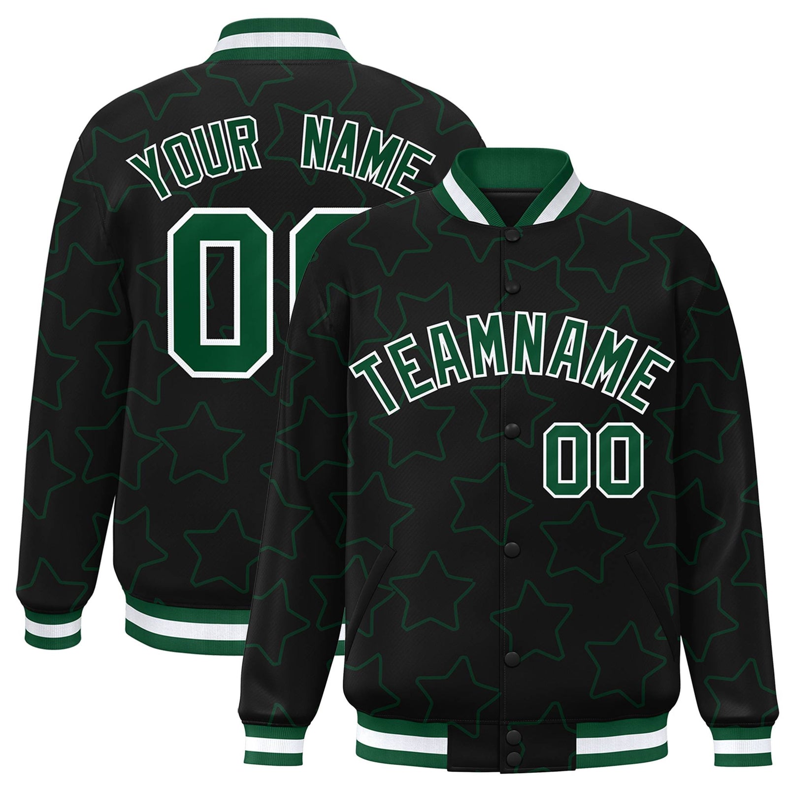 Custom Black Green-White Varsity Full-Snap Star Pattern Letterman Baseball Jacket