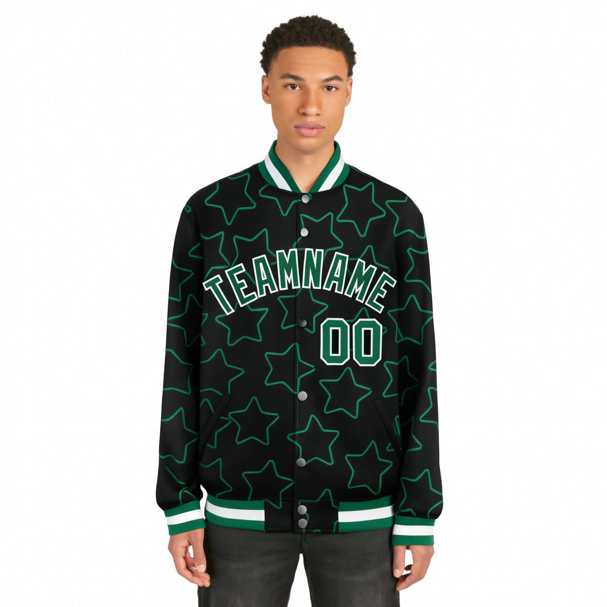 Custom Black Green-White Varsity Full-Snap Star Pattern Letterman Baseball Jacket