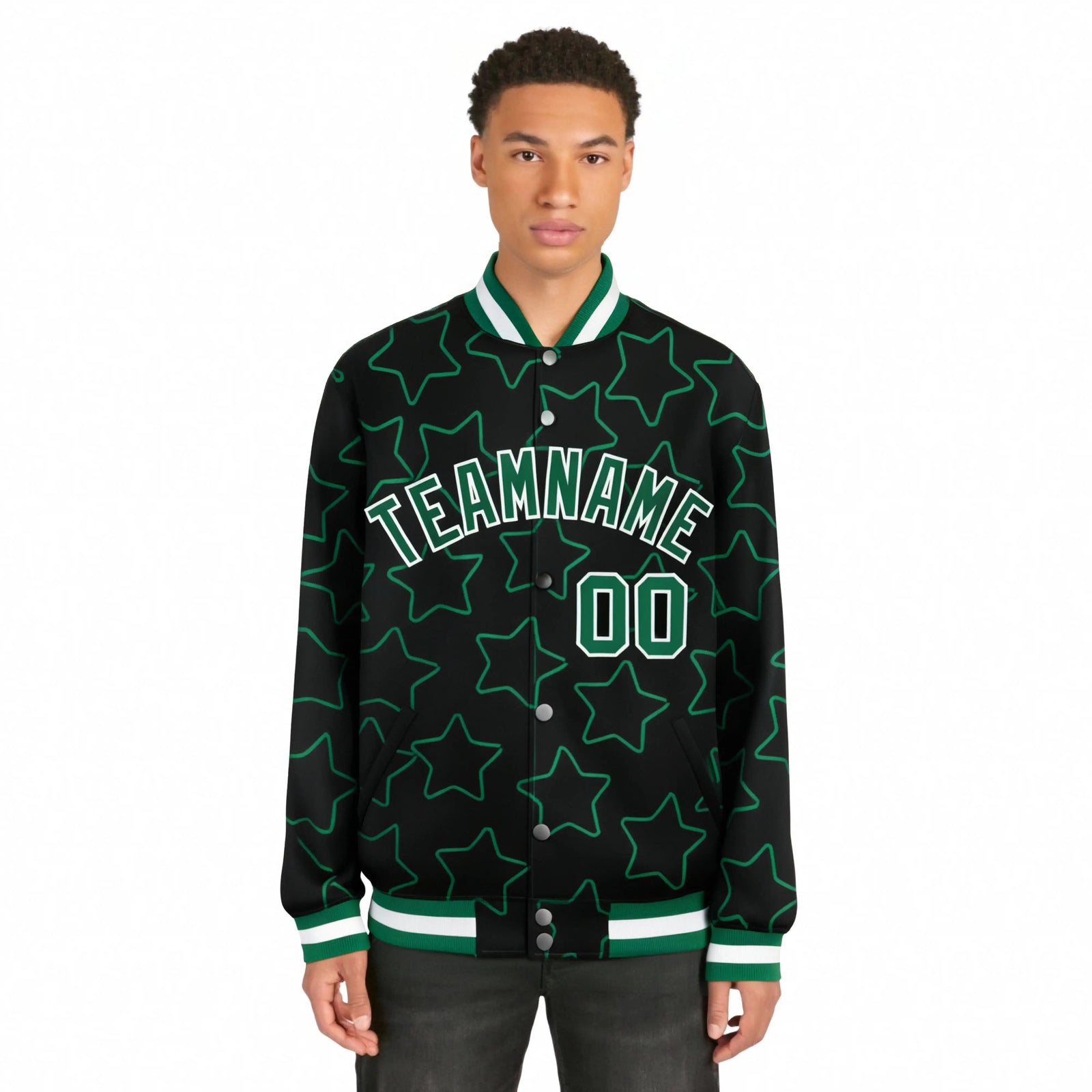 Custom Black Green-White Varsity Full-Snap Star Pattern Letterman Baseball Jacket