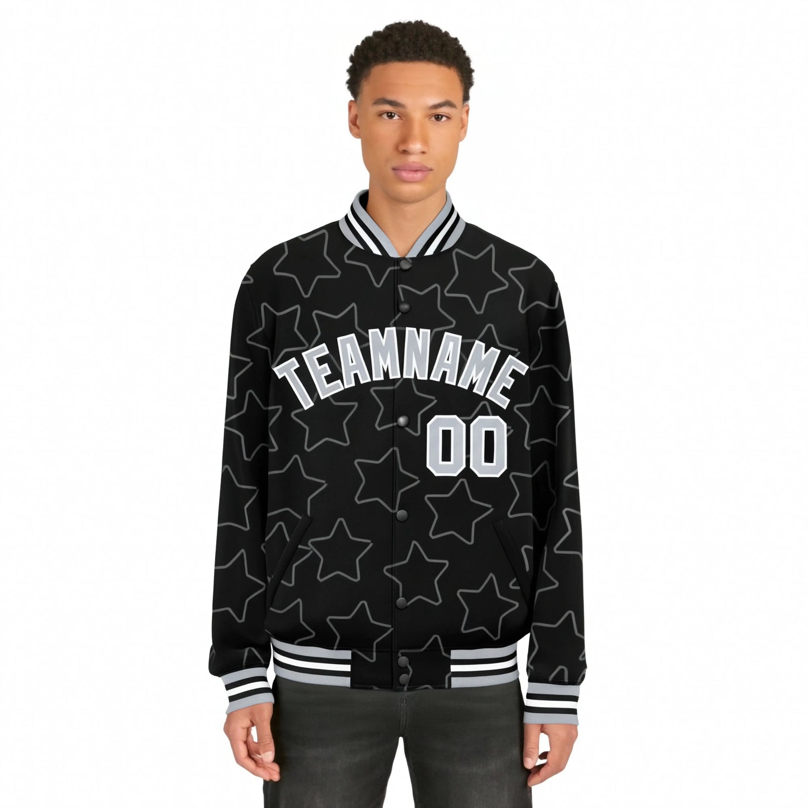 Custom Black Gray-White Varsity Full-Snap Star Pattern Letterman Baseball Jacket
