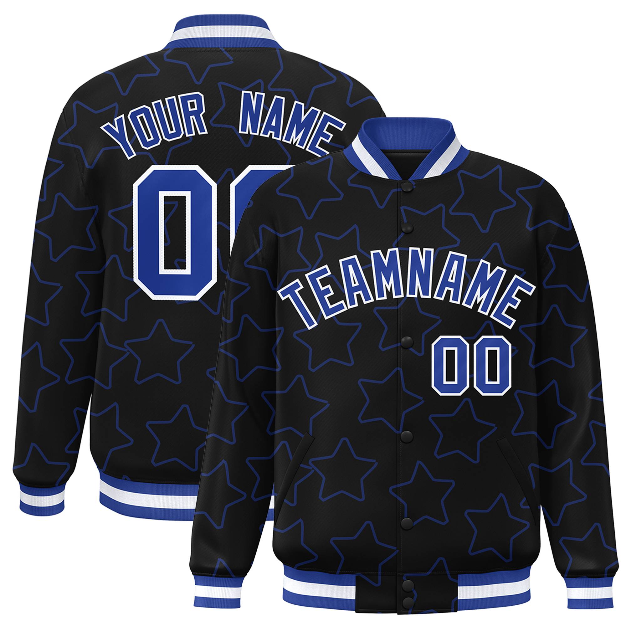 Custom Black Royal Blue-White Varsity Full-Snap Star Pattern Letterman Baseball Jacket