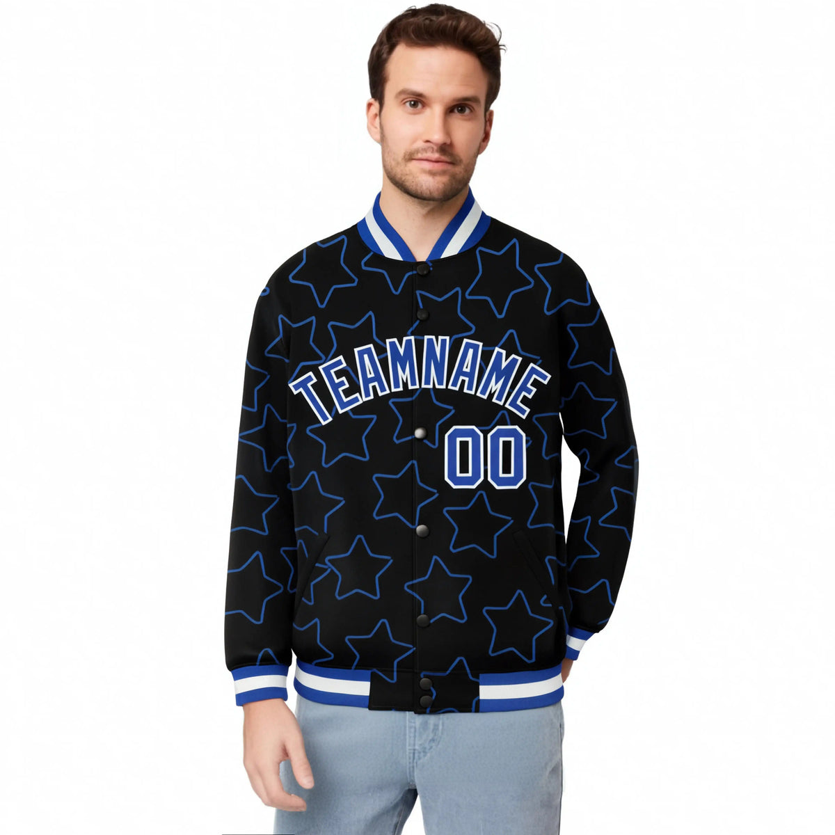 Custom Black Royal Blue-White Varsity Full-Snap Star Pattern Letterman Baseball Jacket
