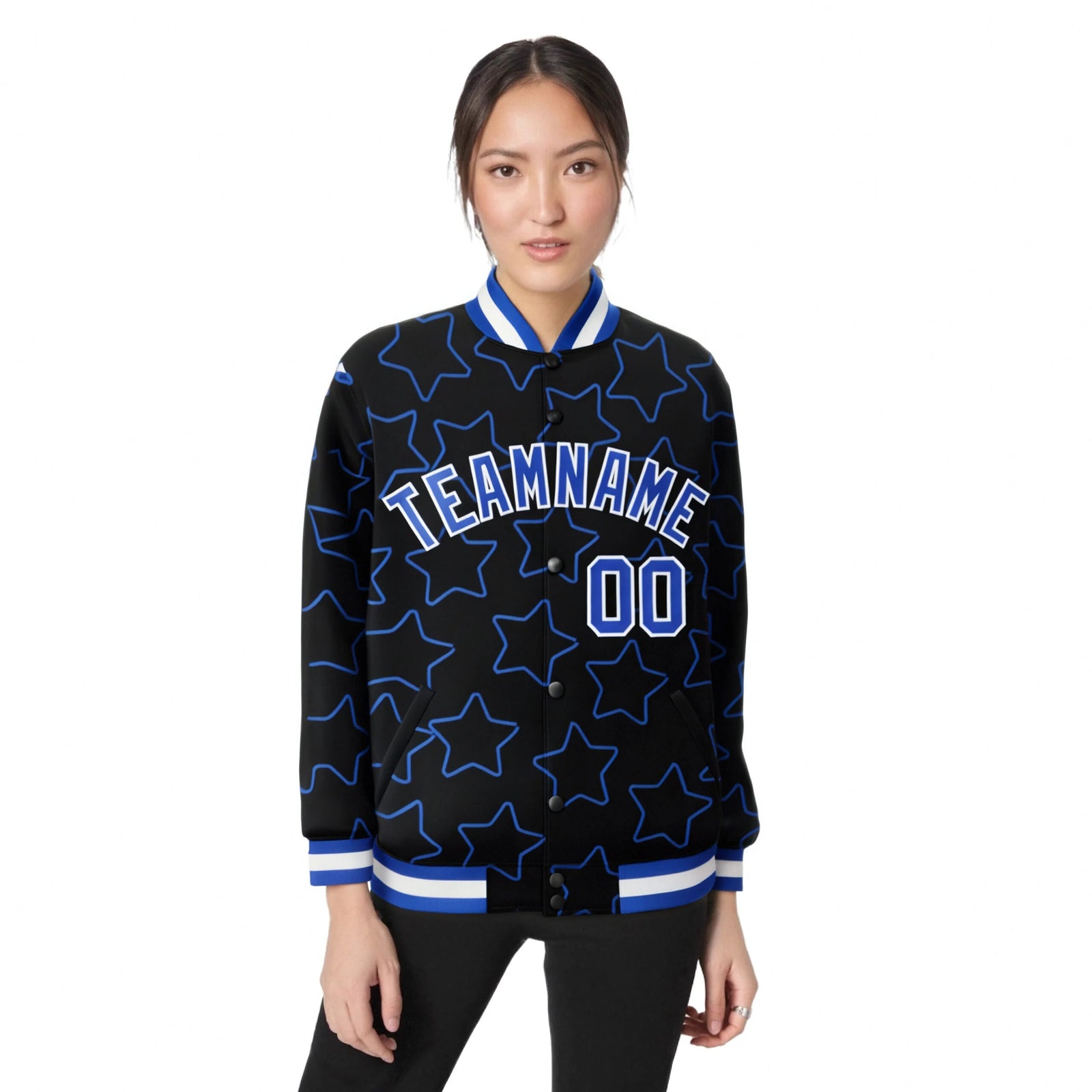 Custom Black Royal Blue-White Varsity Full-Snap Star Pattern Letterman Baseball Jacket